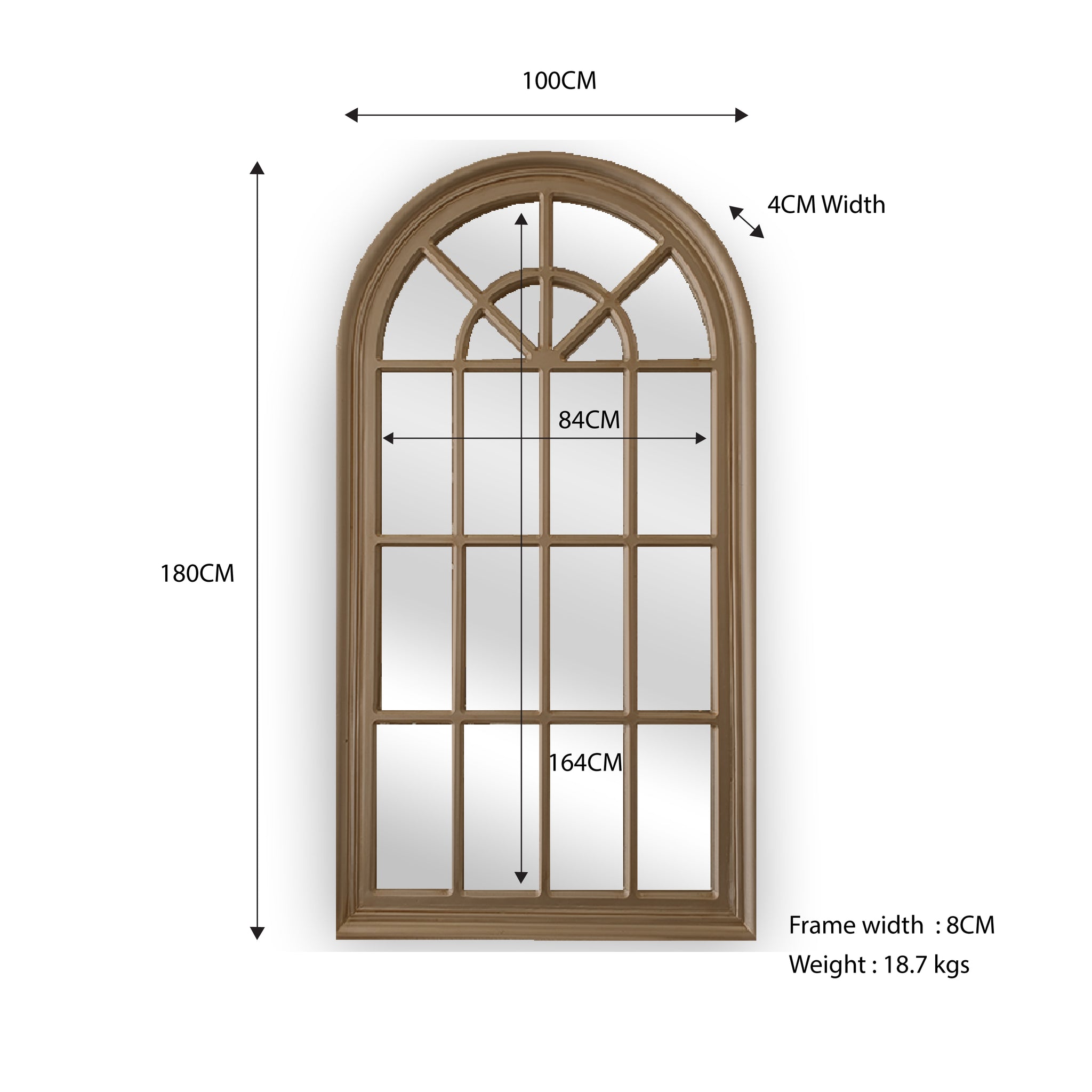 Antique Taupe Arch Window Style Mirror 100cm x 180cm