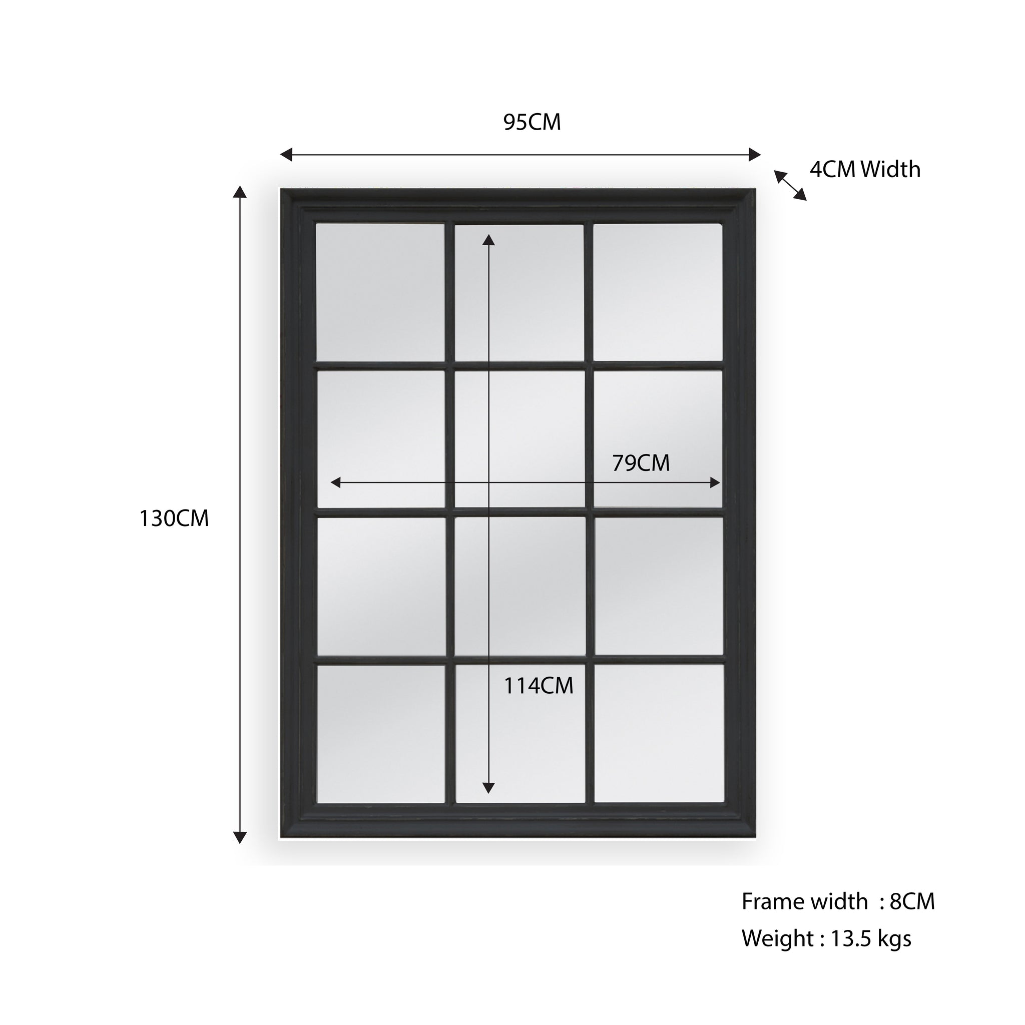 Matte Black Window Style Mirror 95x130cm, Wood Frame