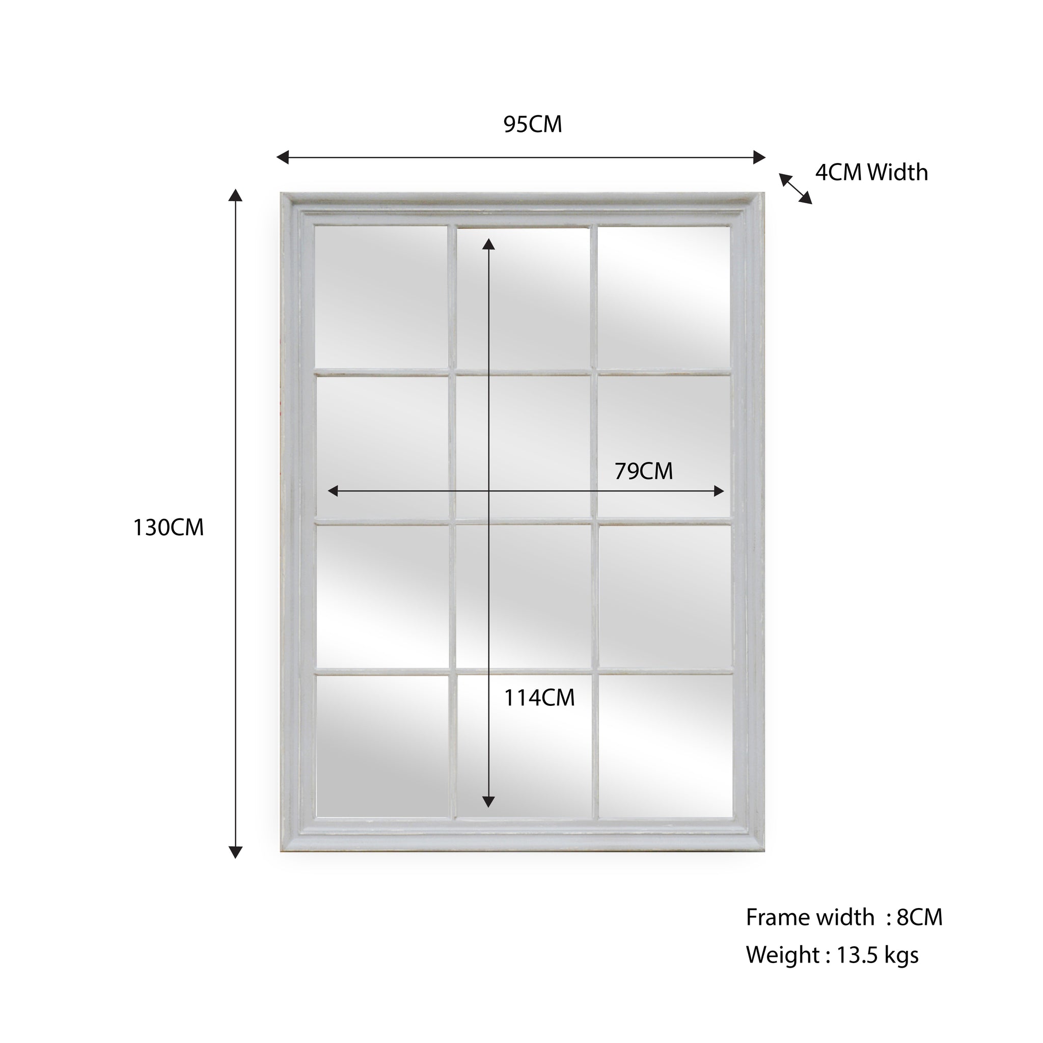 Matte White Window Style Mirror 95x130cm - Wood Frame