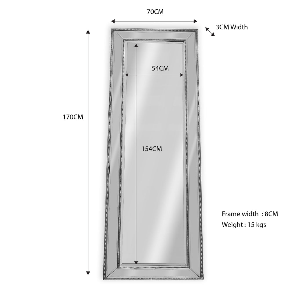 Antique Silver Beaded Framed Wall Mirror 70x170cm