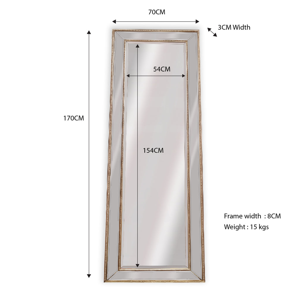 Gold Beaded Framed Mirror 70x170cm, High-Quality Wood