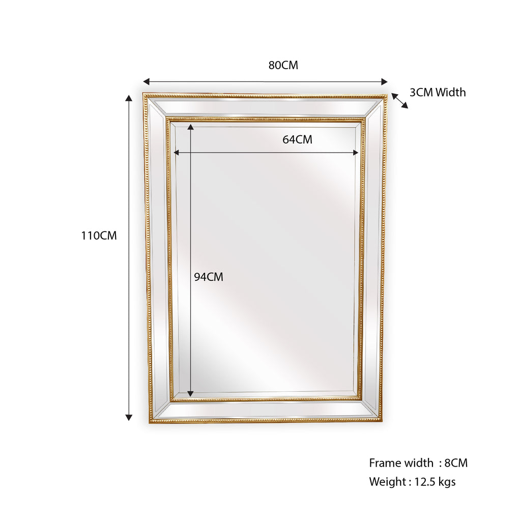 Elegant Gold Beaded Rectangle Mirror 80x110cm, Wood Frame