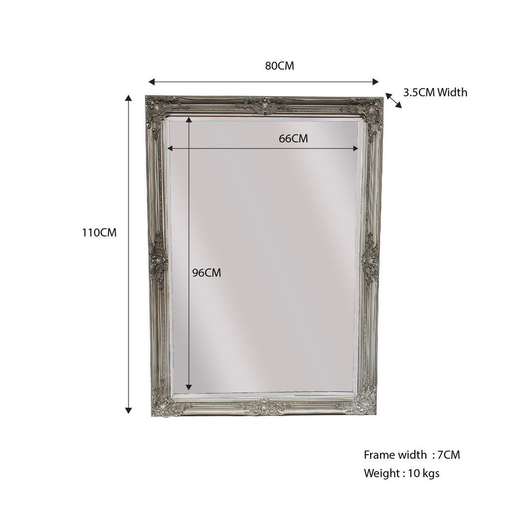 Antique Silver Ornate Mirror 80x110cm, Wood Frame