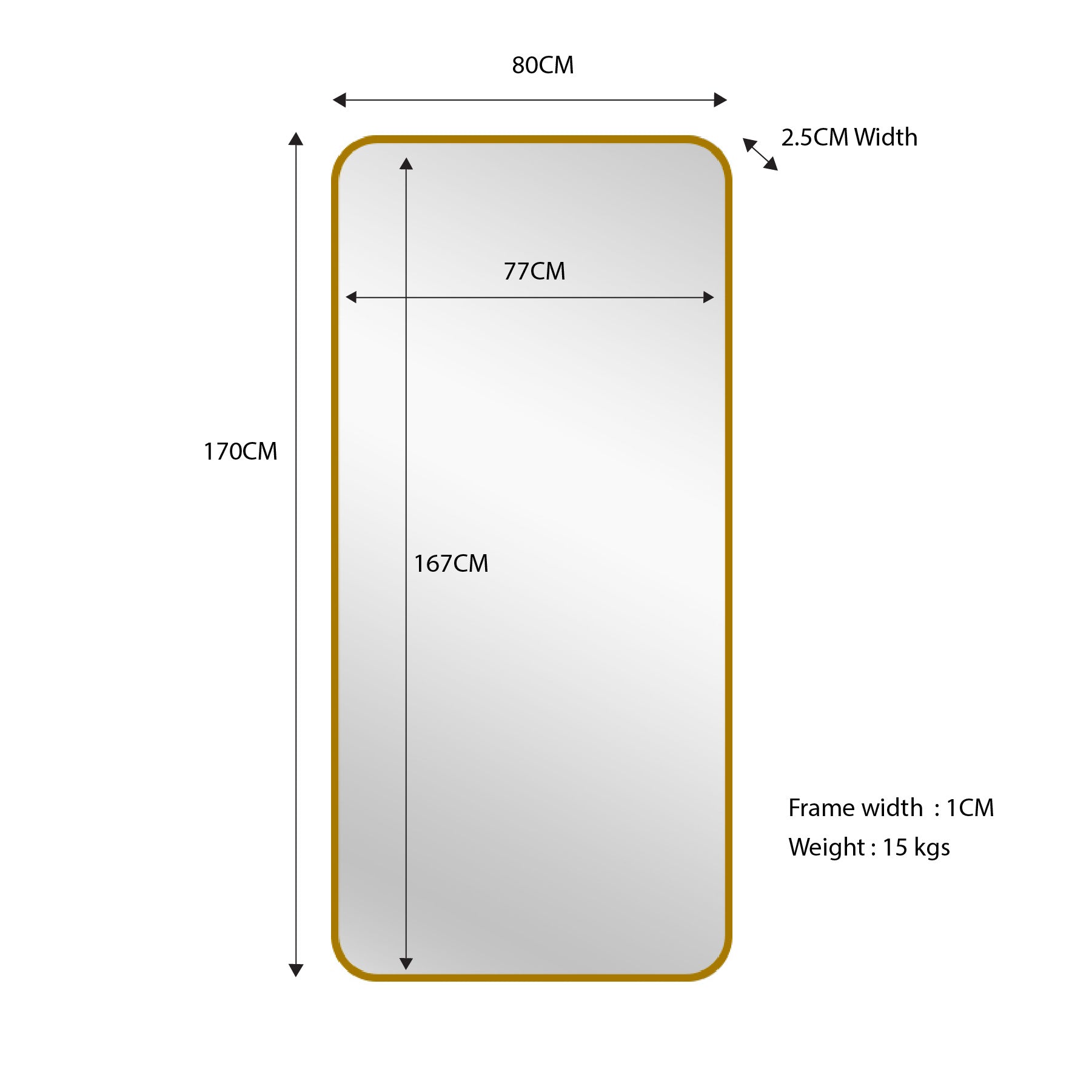 Sleek Gold Metal Rectangle Mirror 80cm x 170cm