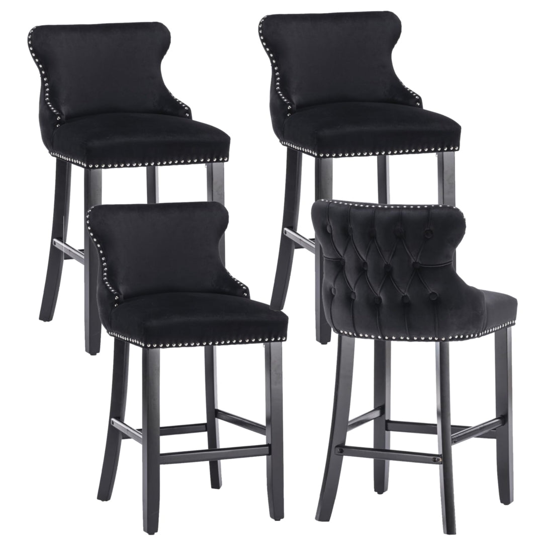 4x Velvet Upholstered Button Tufted Bar Stools with Wood Legs