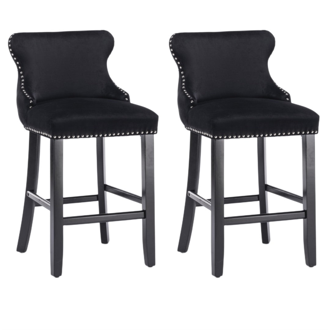 4x Velvet Upholstered Button Tufted Bar Stools with Wood Legs