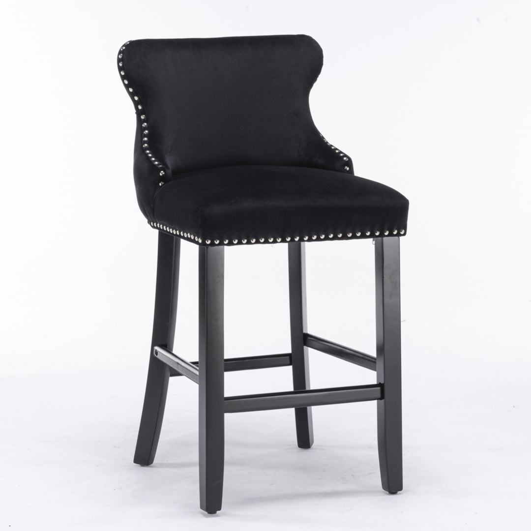 4x Velvet Upholstered Button Tufted Bar Stools with Wood Legs
