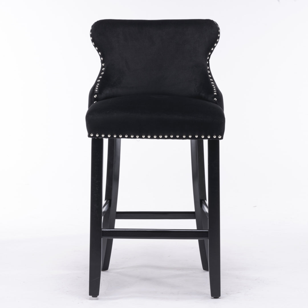 4x Velvet Upholstered Button Tufted Bar Stools with Wood Legs