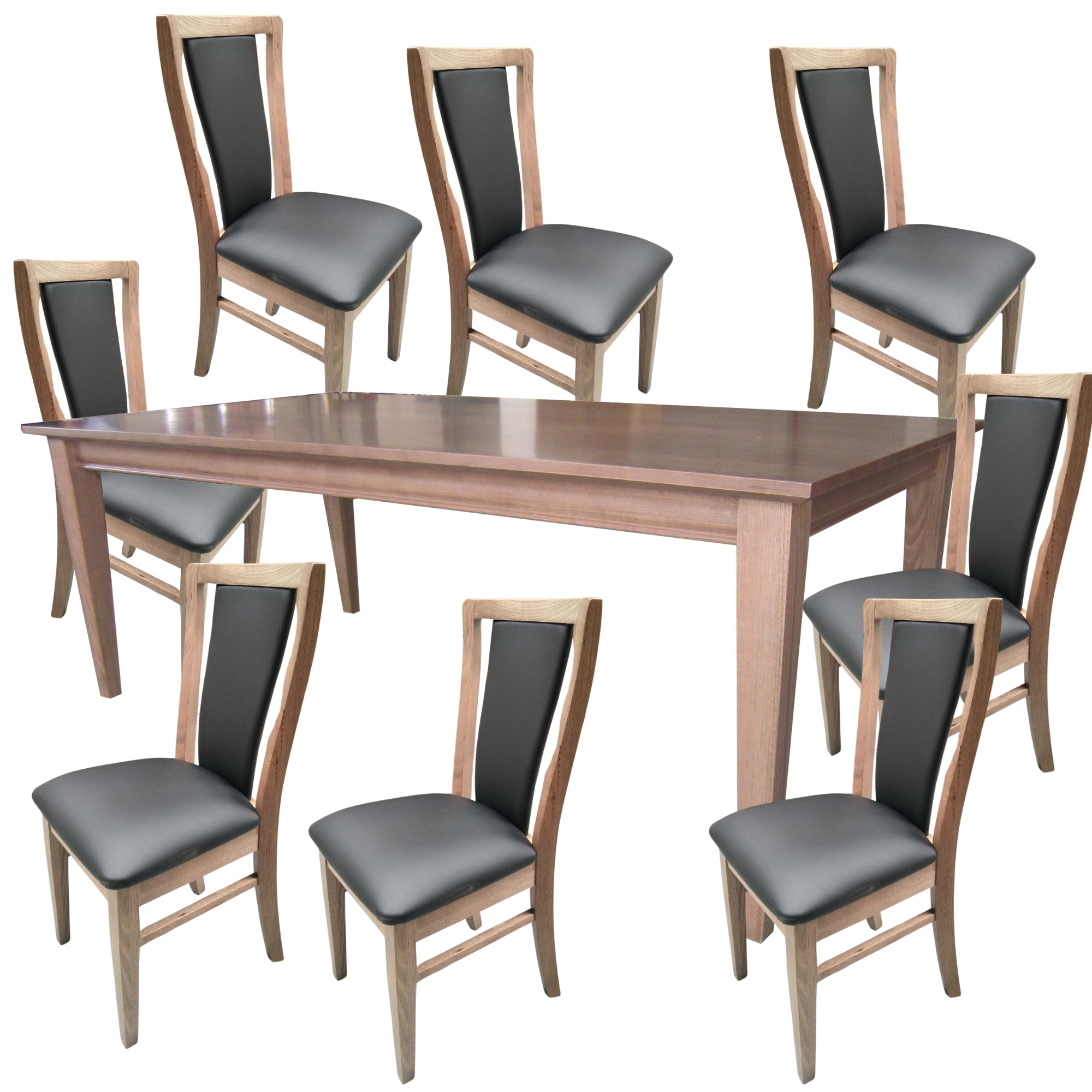 9pc Smoke Dining Set, PU Leather Chairs, Oak Wood Frame