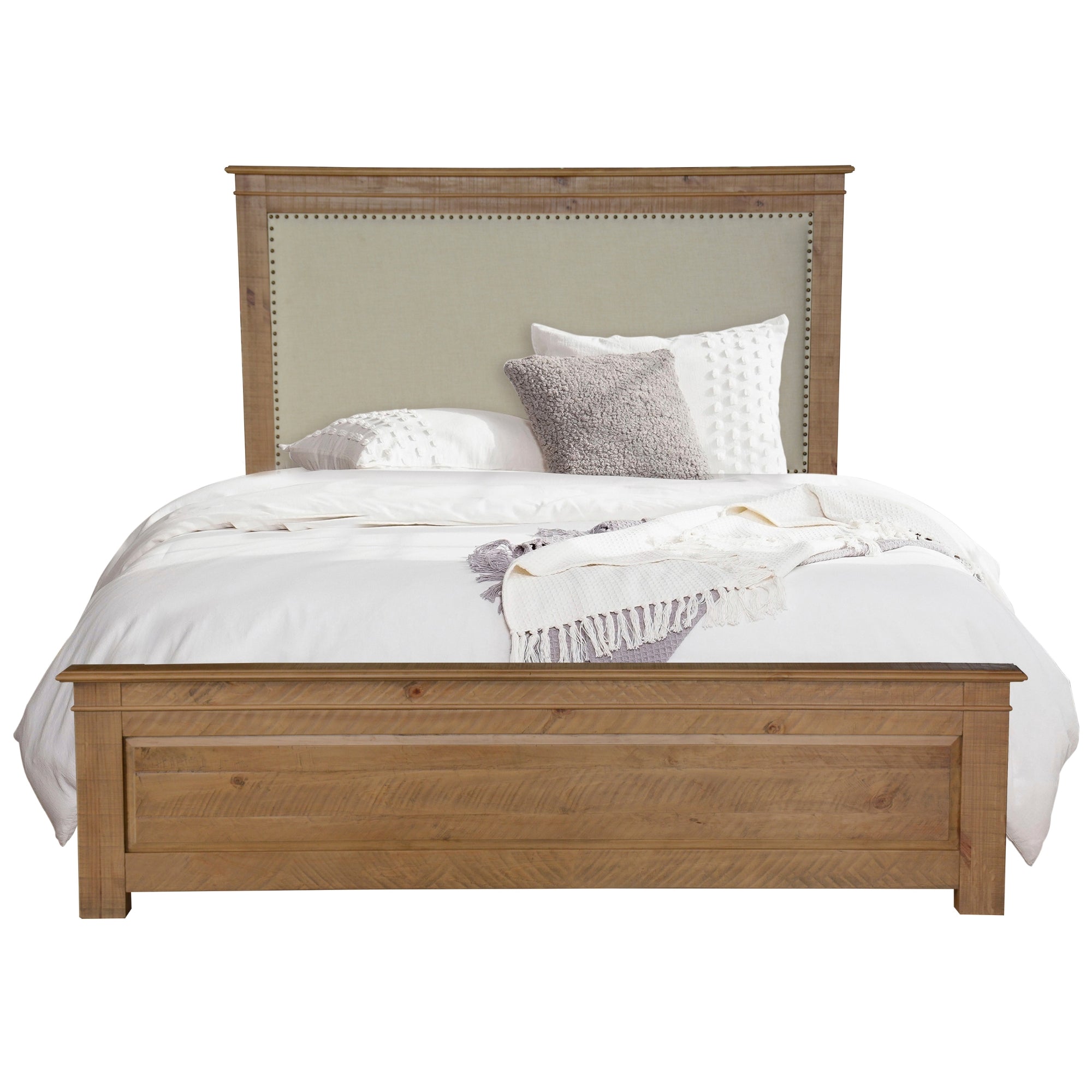 Rustic Pine King Bed Suite 5pc Upholstered Headboard Felt Drawers