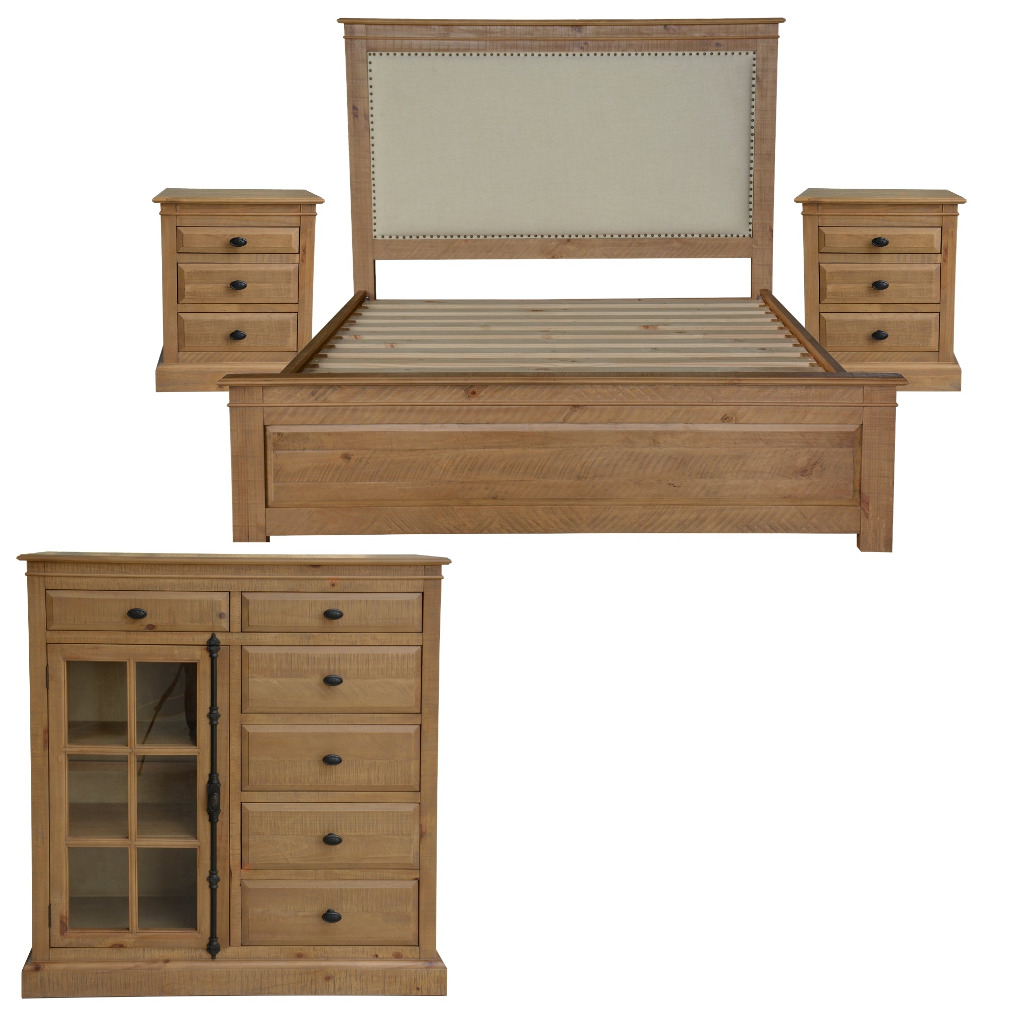 Rustic Pine King Bed Suite with Tallboy & Bedside Tables