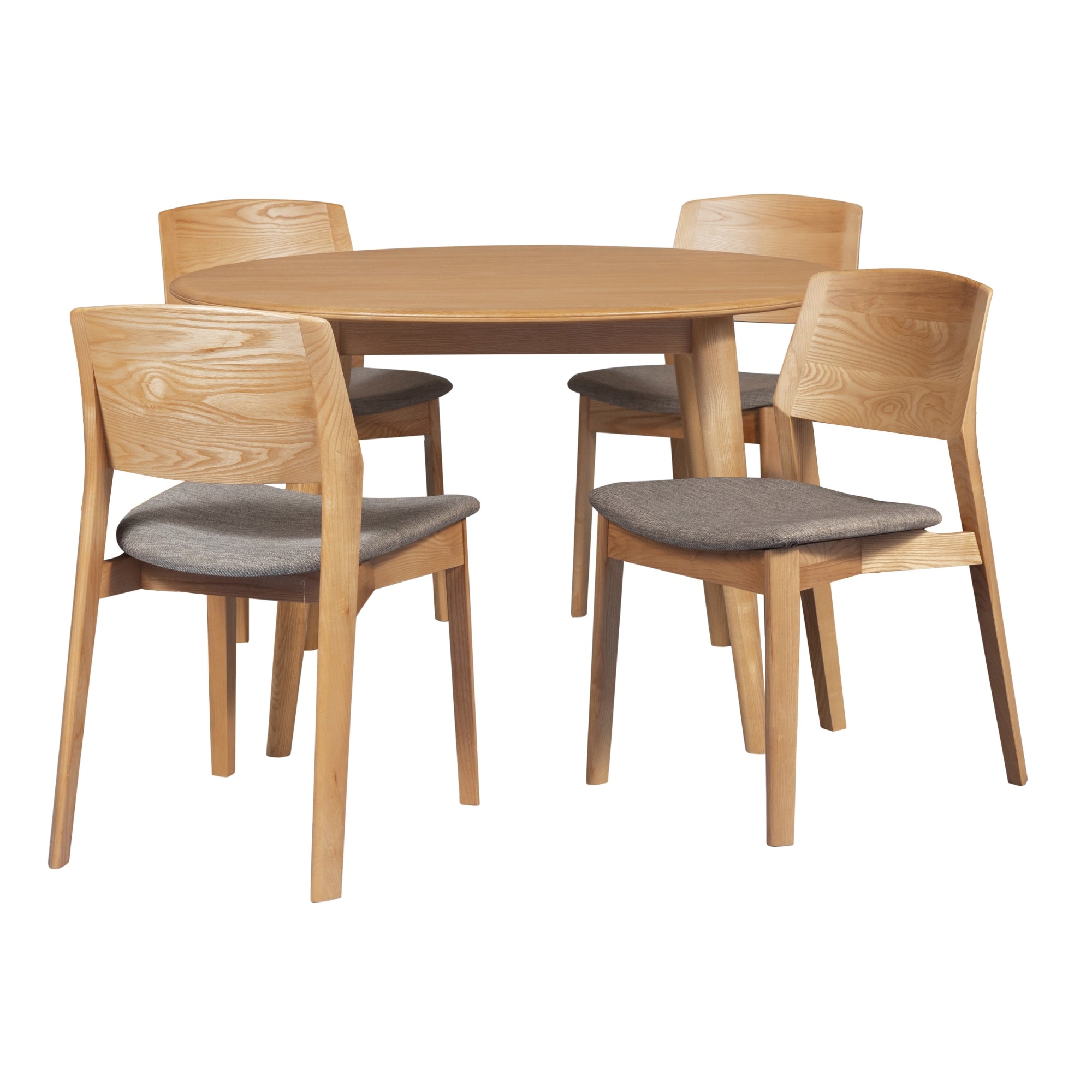 Solid Ash Wood 5pc Round Dining Table Set Oak, Fabric Chairs
