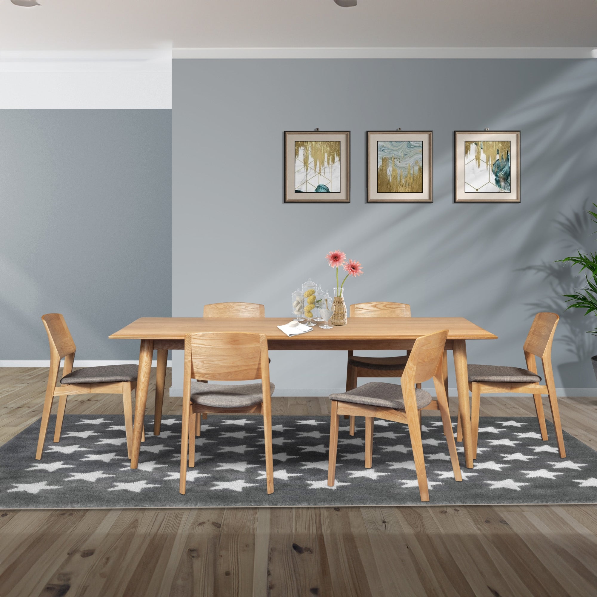 7pc Solid Ash Wood Dining Table Set, 180cm, Light Grey Fabric Chairs