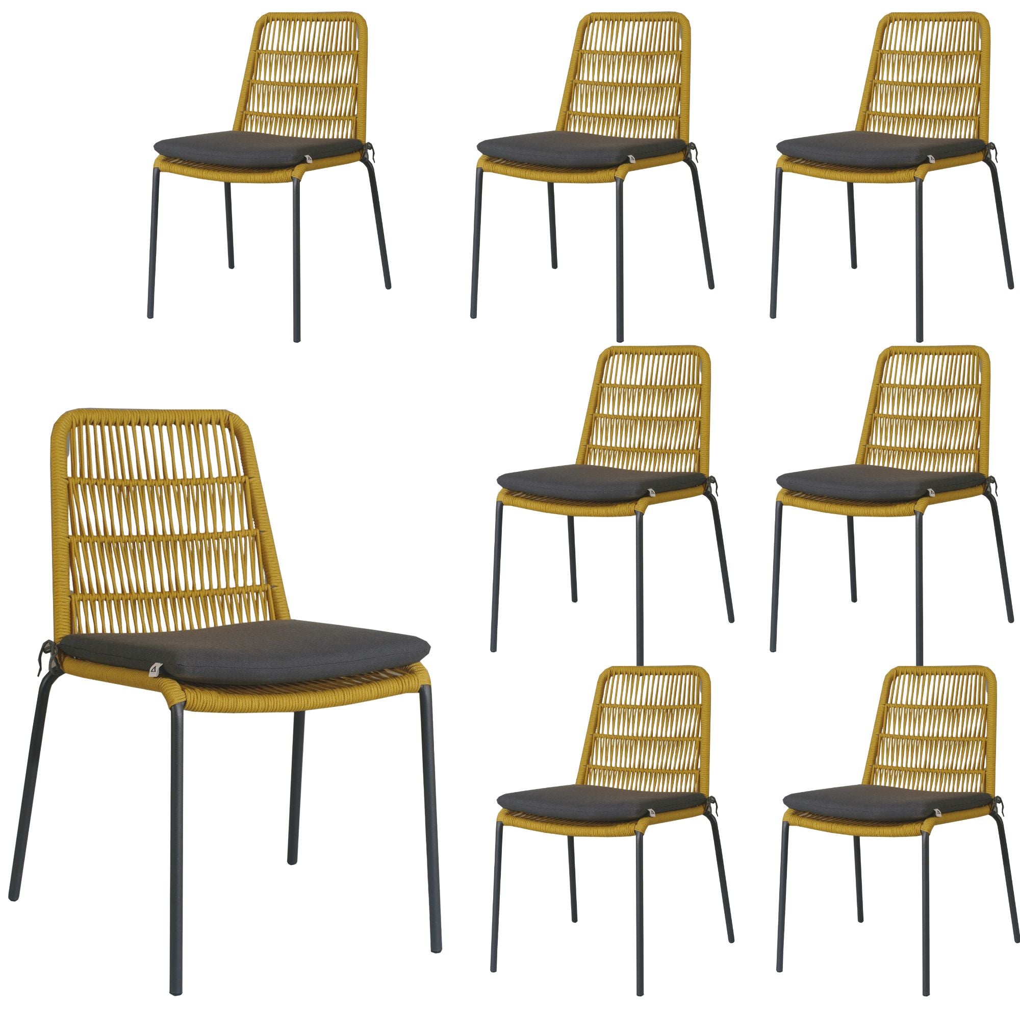 8pc Yellow Waterproof Rope Dining Chairs, Steel Frame