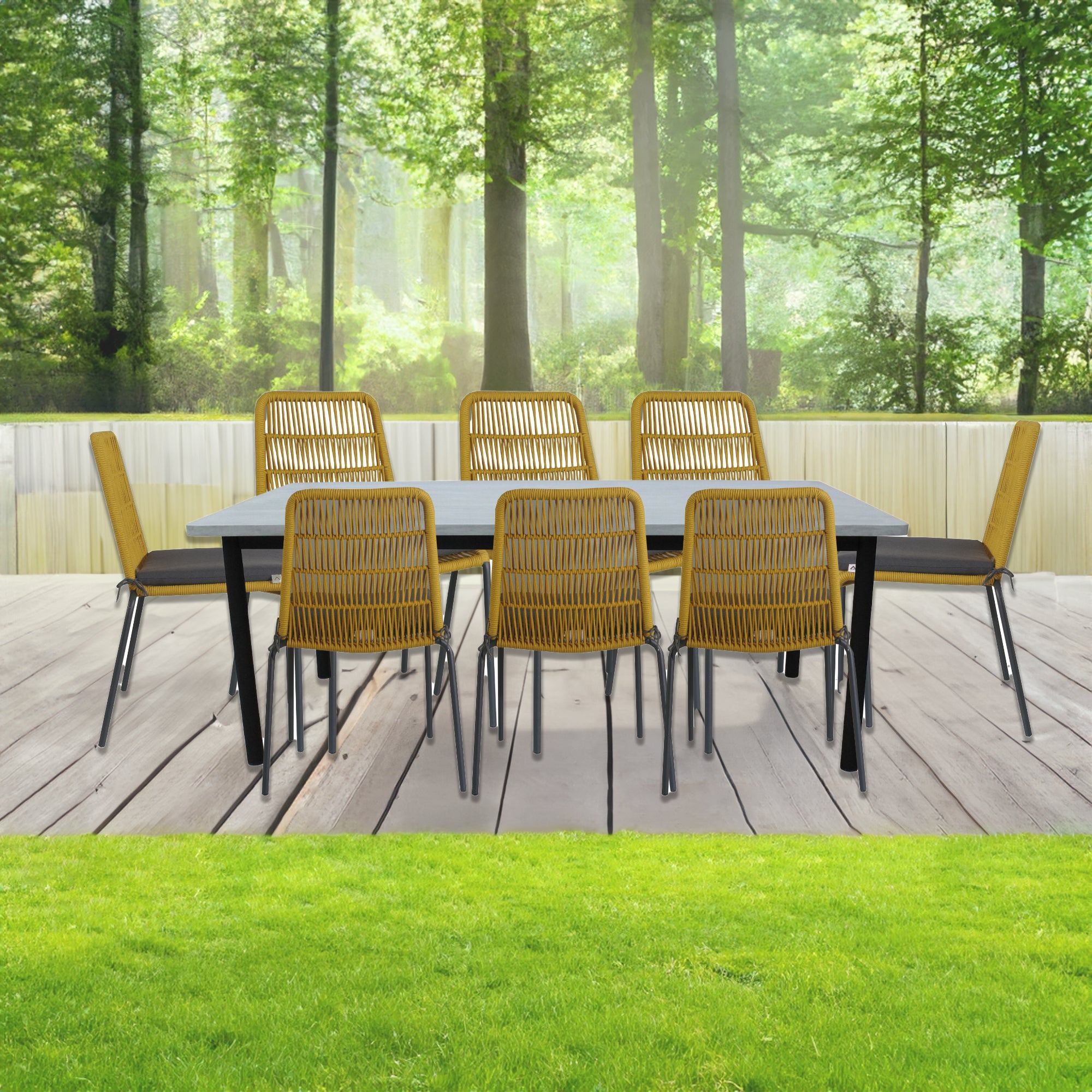 8pc Yellow Waterproof Rope Dining Chairs, Steel Frame
