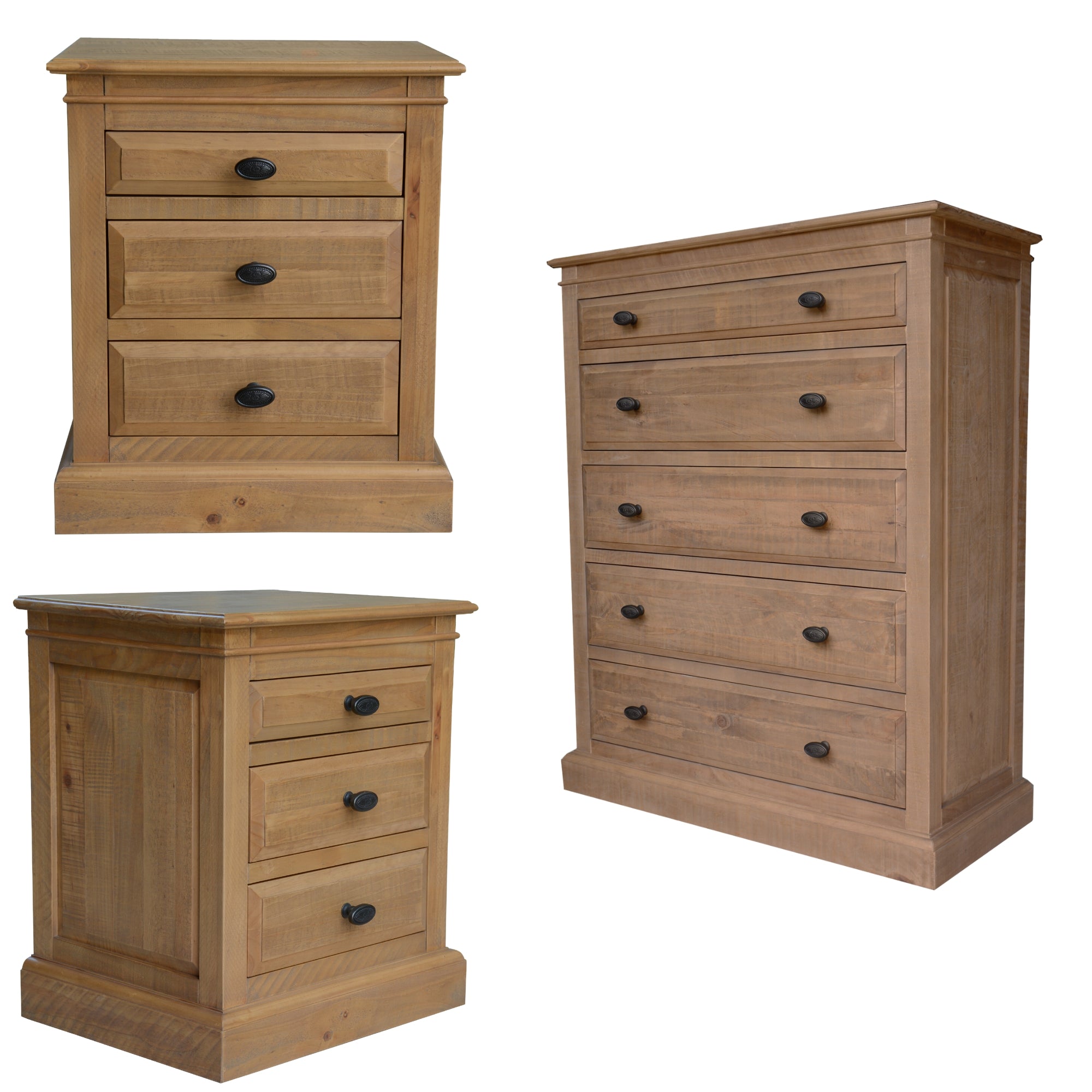 Rustic 3 Drawer Bedside & 5 Drawer Tallboy Set, Solid Pine Wood