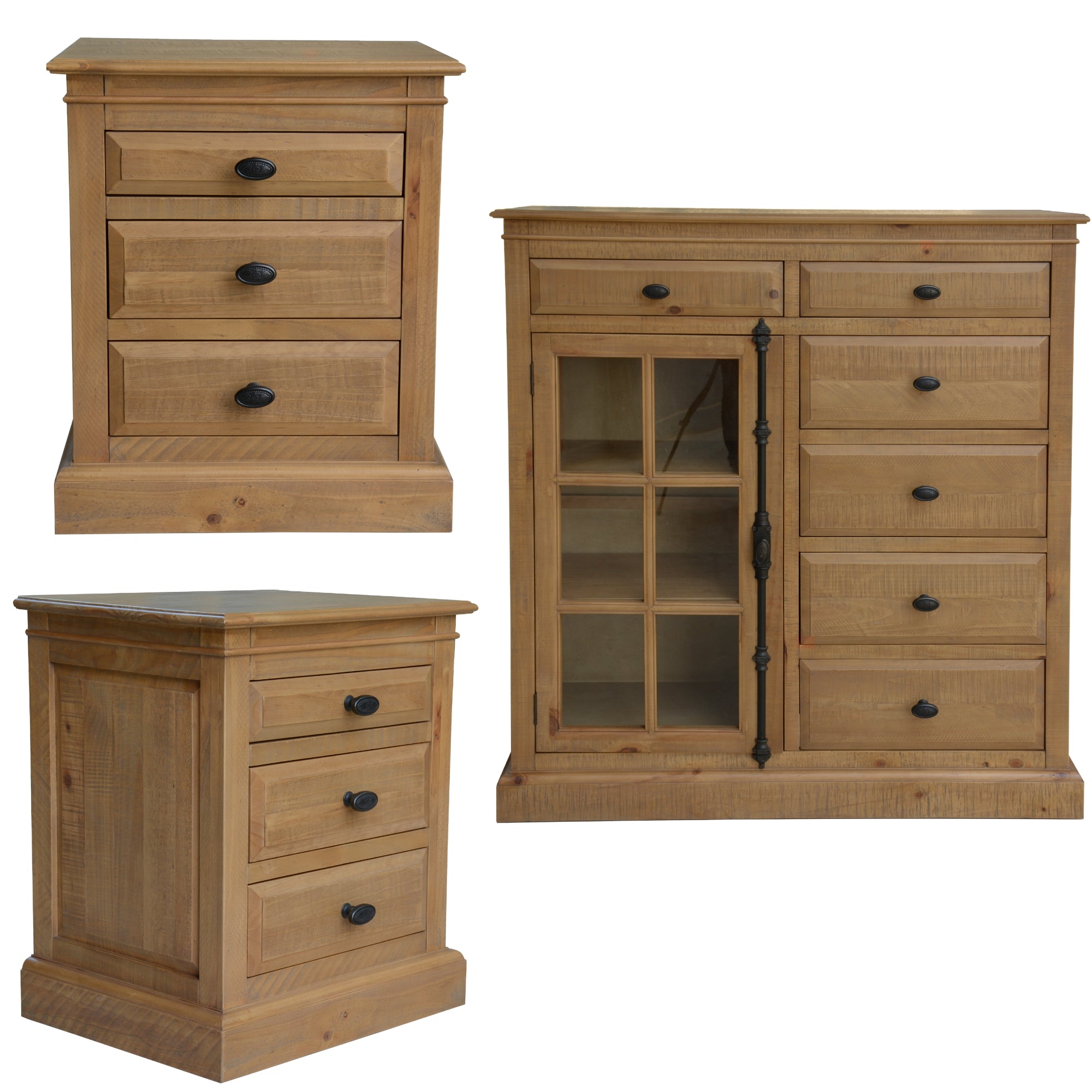 Rustic French Style 3pc Bedside and Tallboy Set - Natural Pine