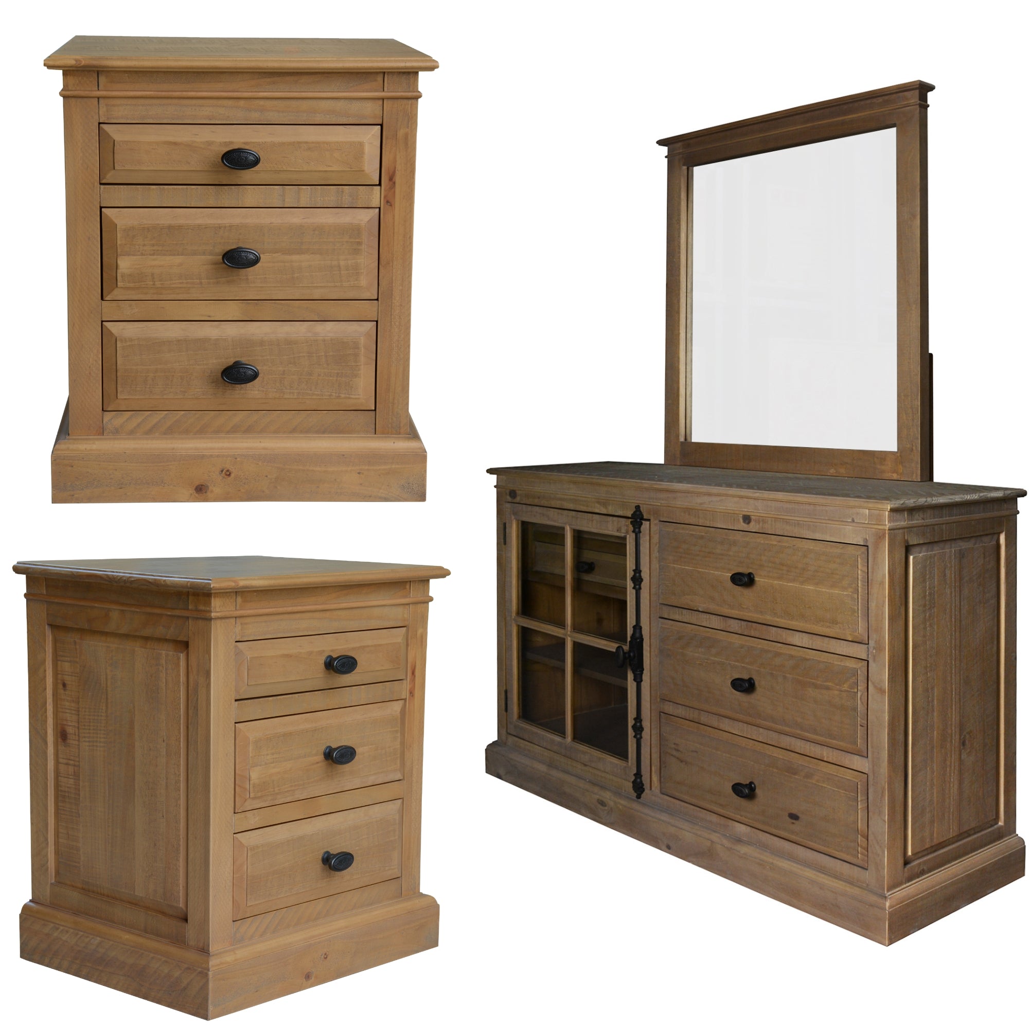 Rustic French Bedside Dresser-Mirror Set, Pine - Jade