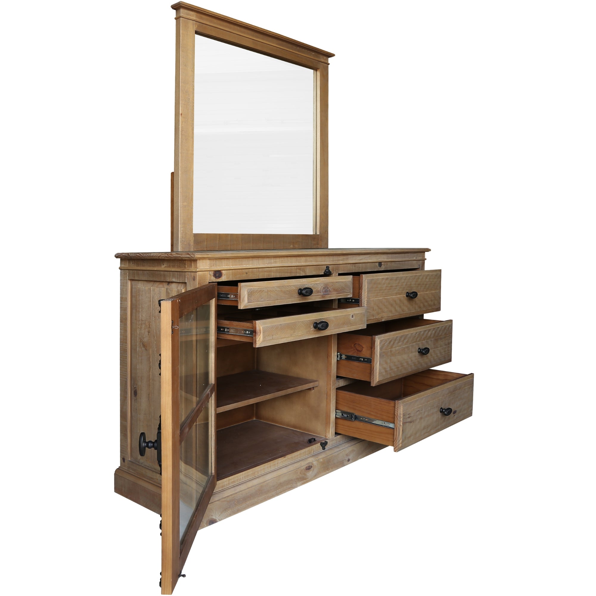 Rustic French Bedside Dresser-Mirror Set, Pine - Jade
