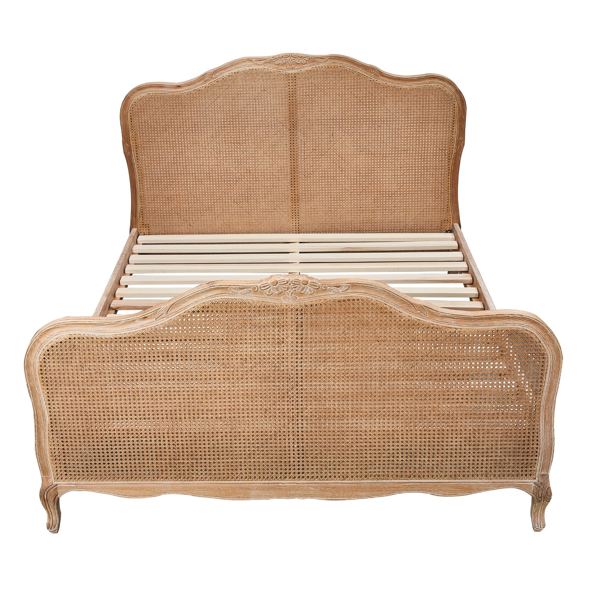 Hand-Carved Oak Rattan Queen Bed Frame, French Style