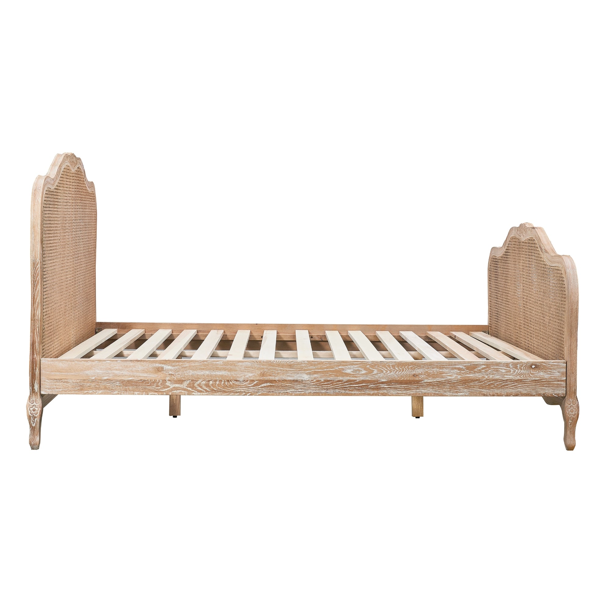 Hand-Carved Oak Rattan Queen Bed Frame, French Style