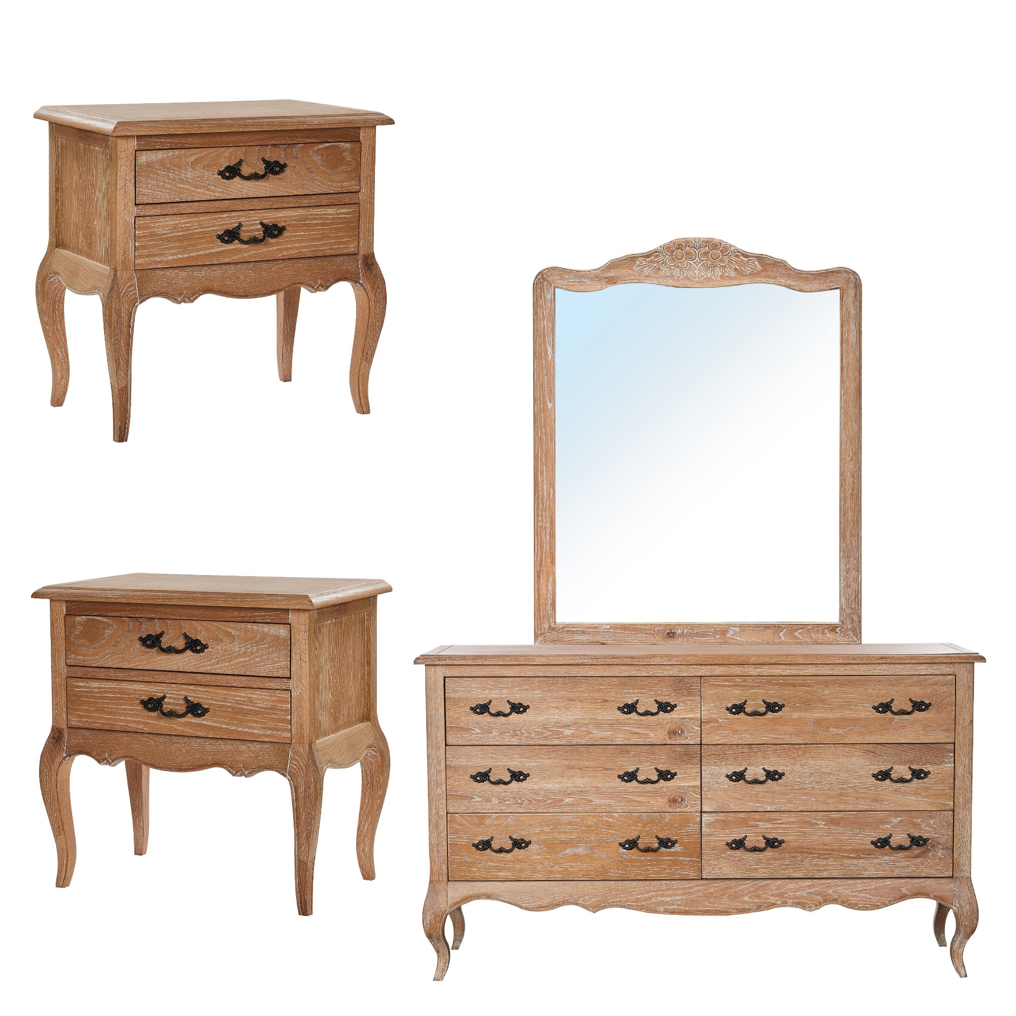 Solid Oak 4pc Bedside Dresser Mirror Set, Whitewash Finish