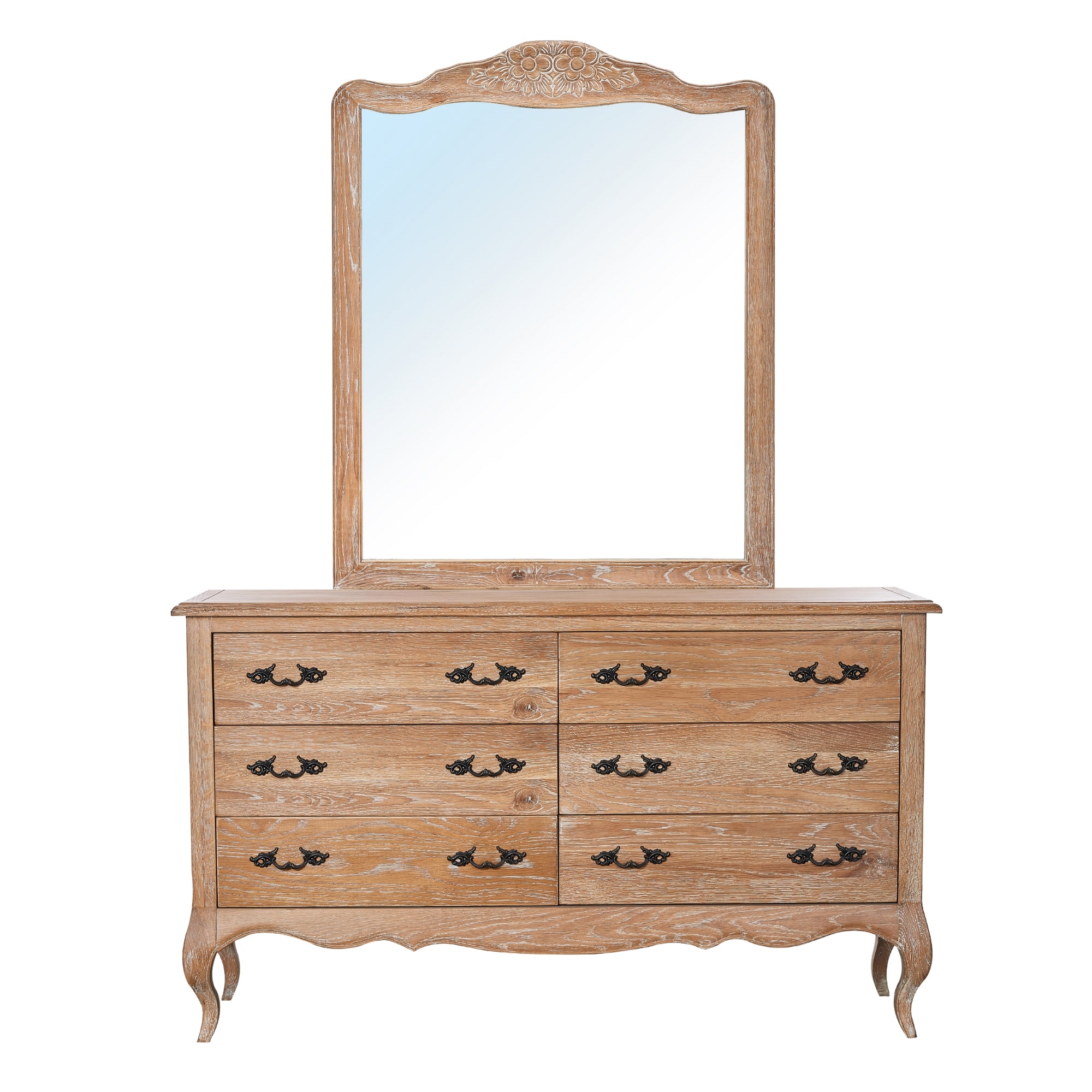 Solid Oak 4pc Bedside Dresser Mirror Set, Whitewash Finish