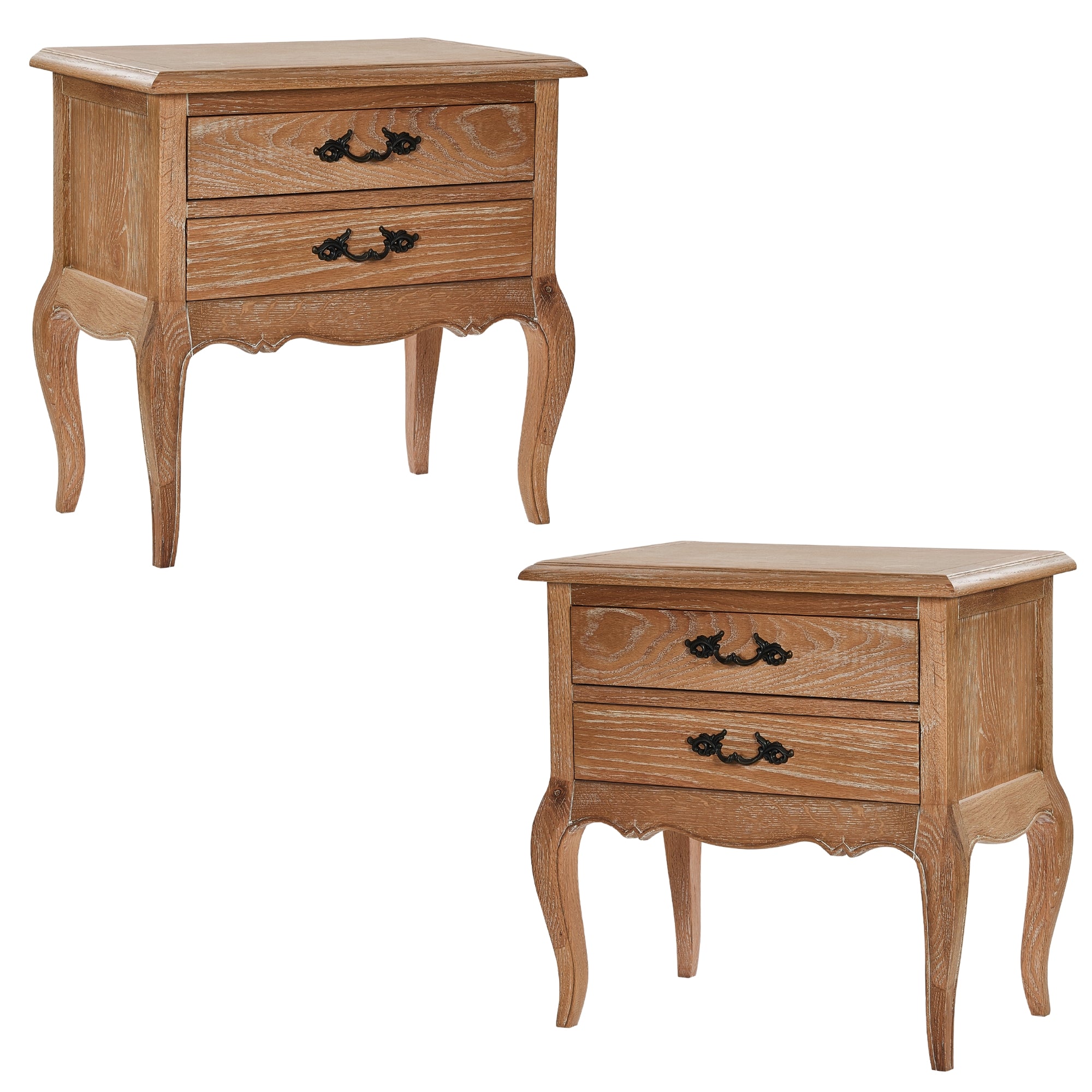 2pc French Provincial Bedside Tables, 2 Drawers, Oak