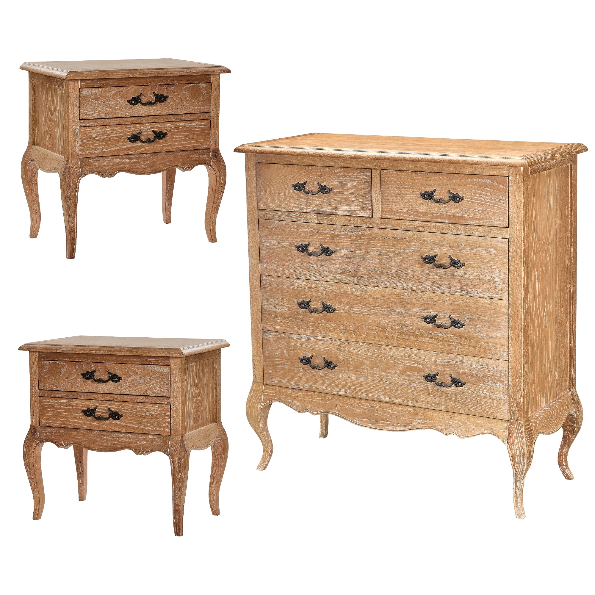 French Provincial Oak Bedside Tables & Tallboy Set, 3pcs