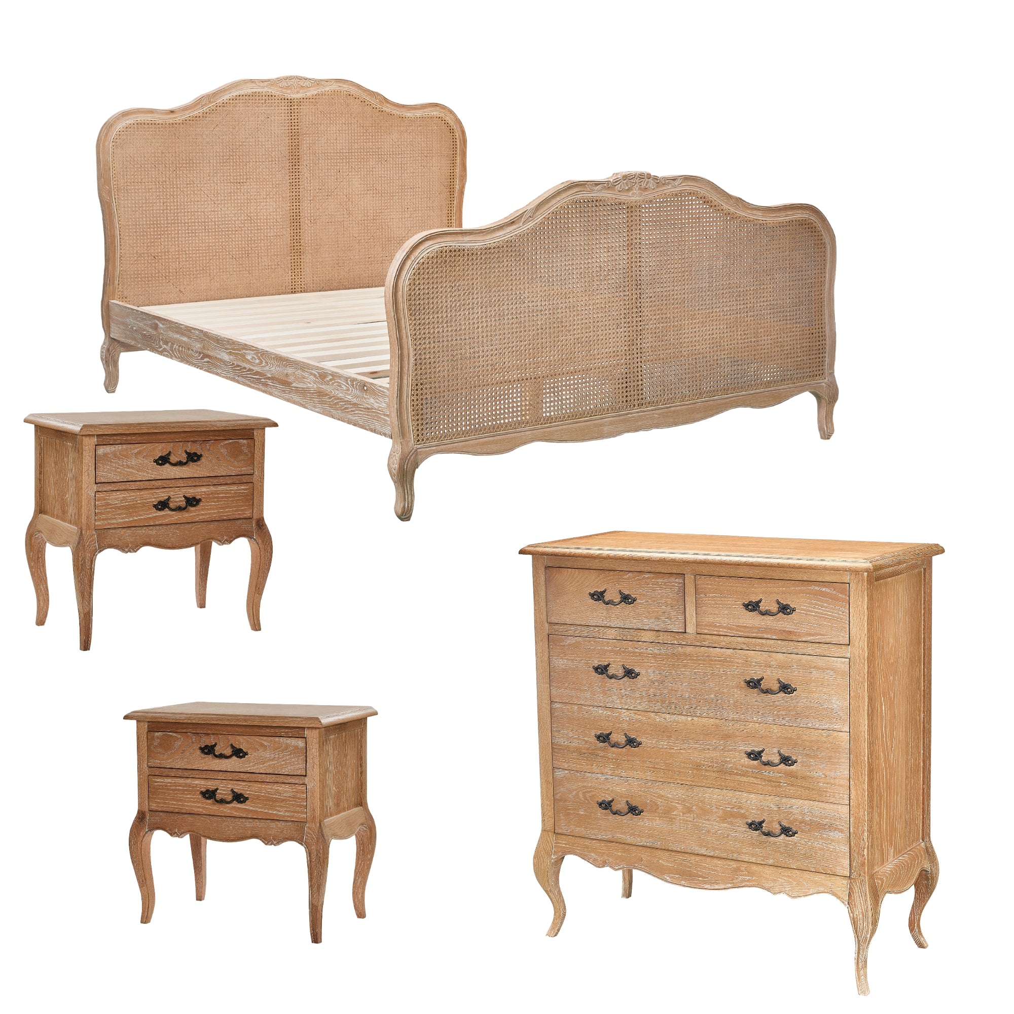 French Provincial King Bed Suite w/ Rattan, Oak - 4pc