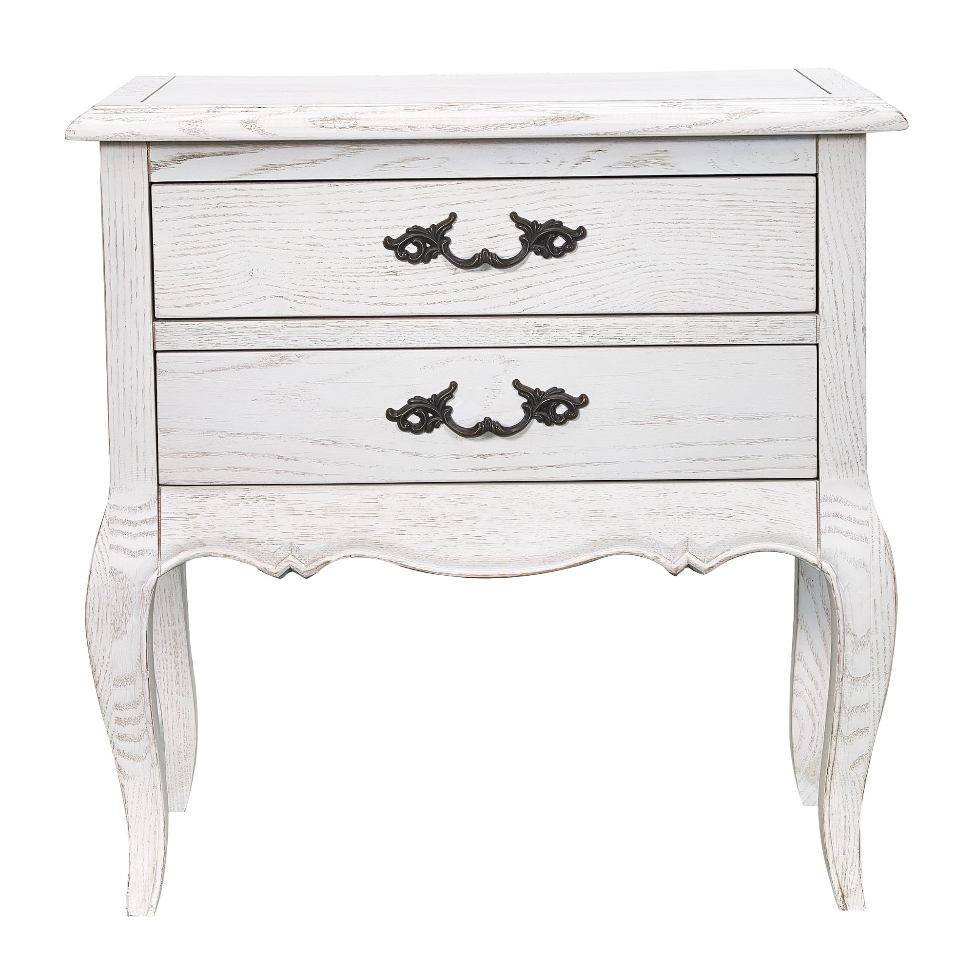 Vintage White Bedside Table 2 Drawers, Solid Oak Frame