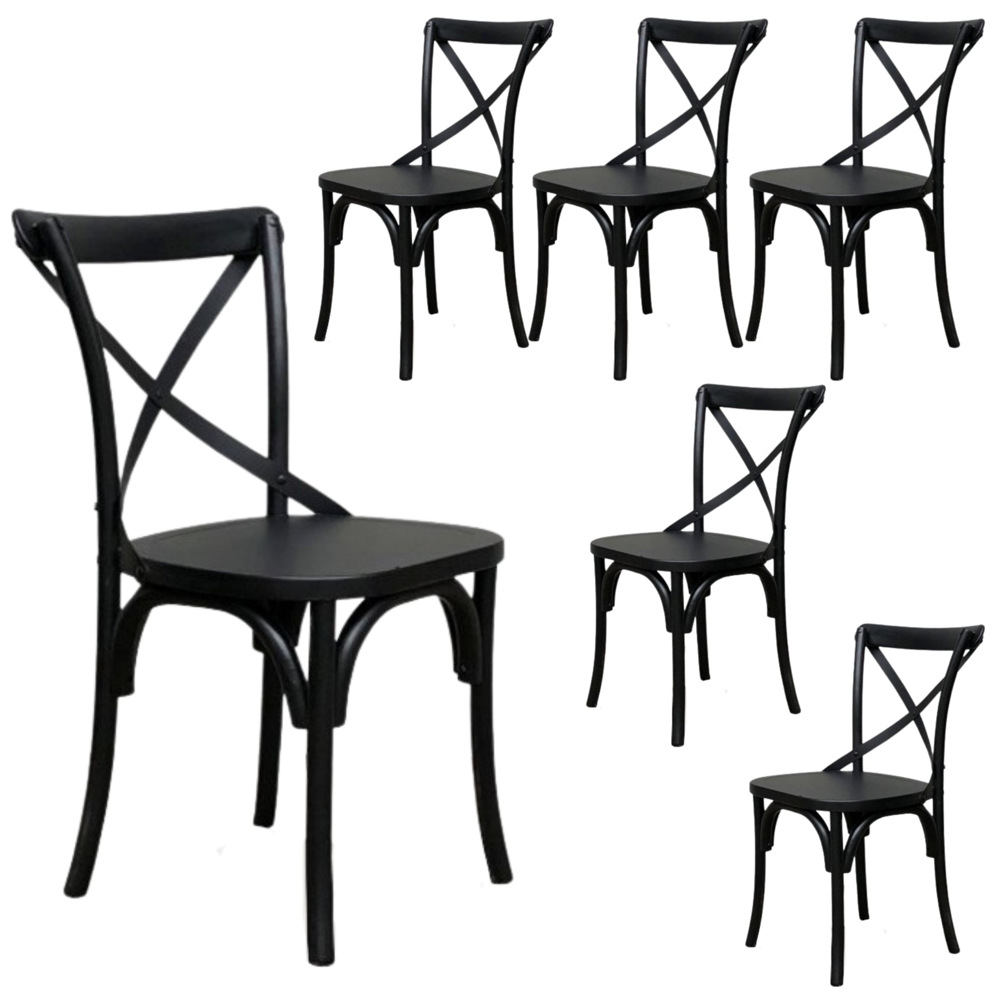6pc Solid Birchwood X-Back Dining Chairs Black, Metal Legs