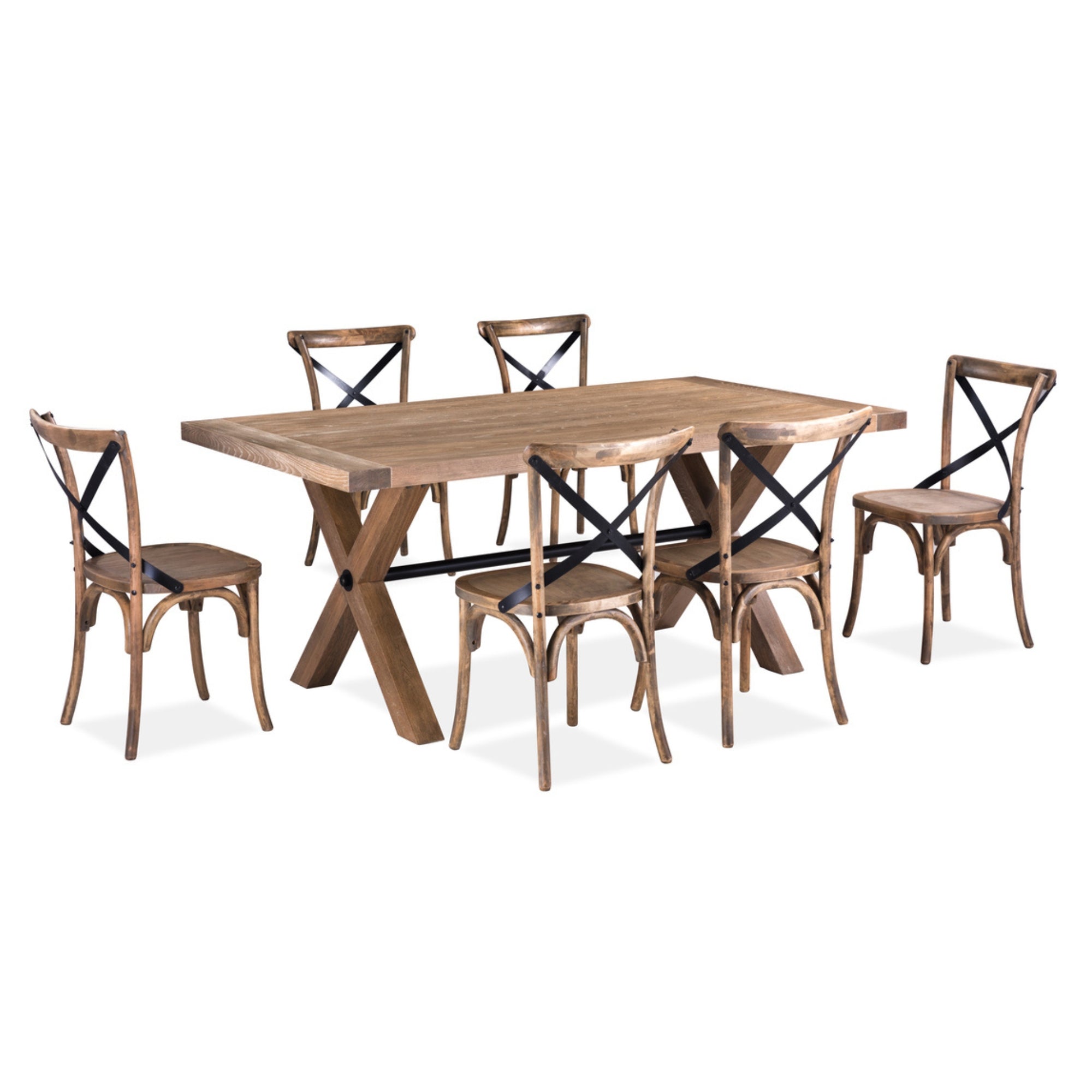 Natural Wood 7pc Dining Set, 6 X-Back Chairs, Refectory Style
