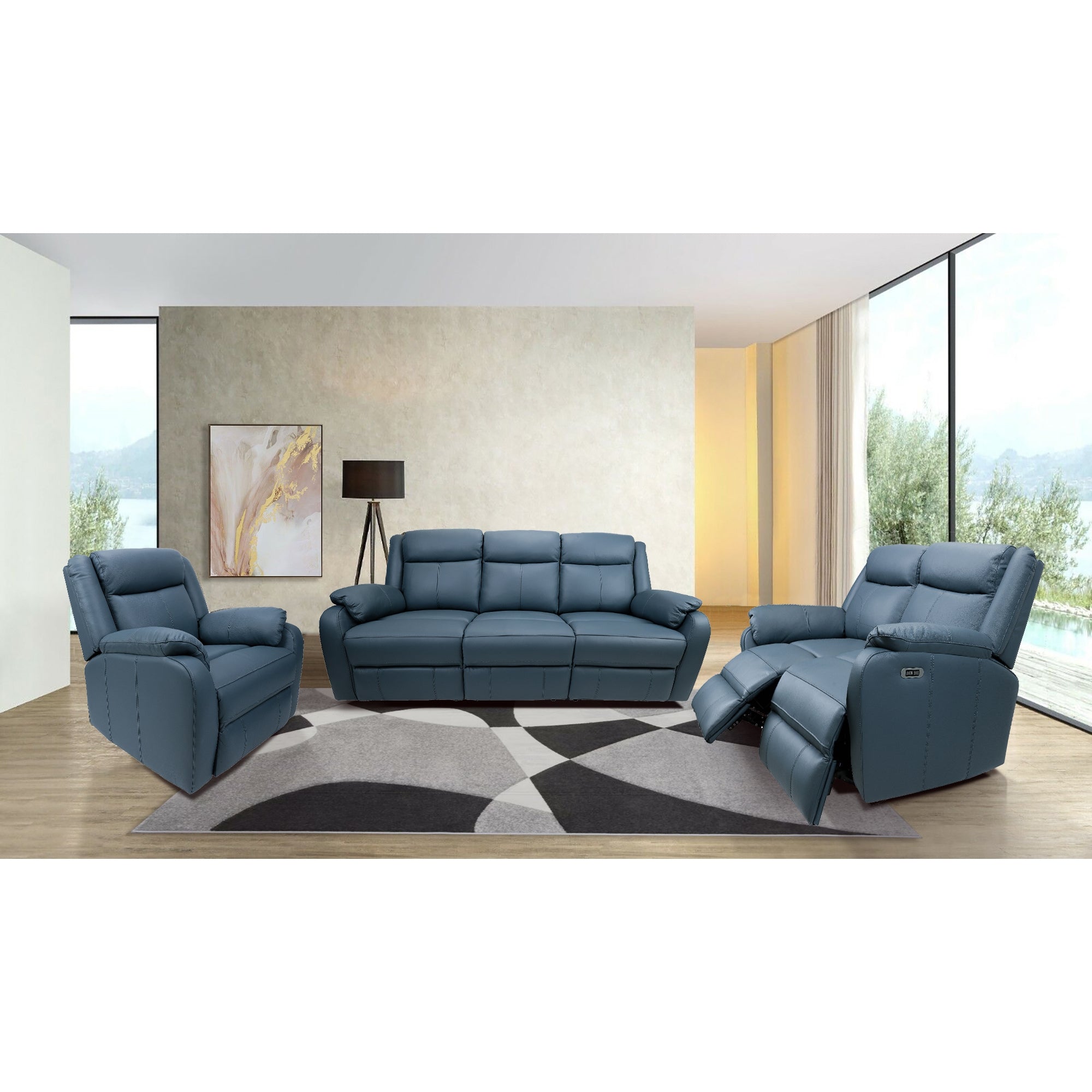 Blue 3-Seater Electric Recliner Leather Lounge w/ USB Charger