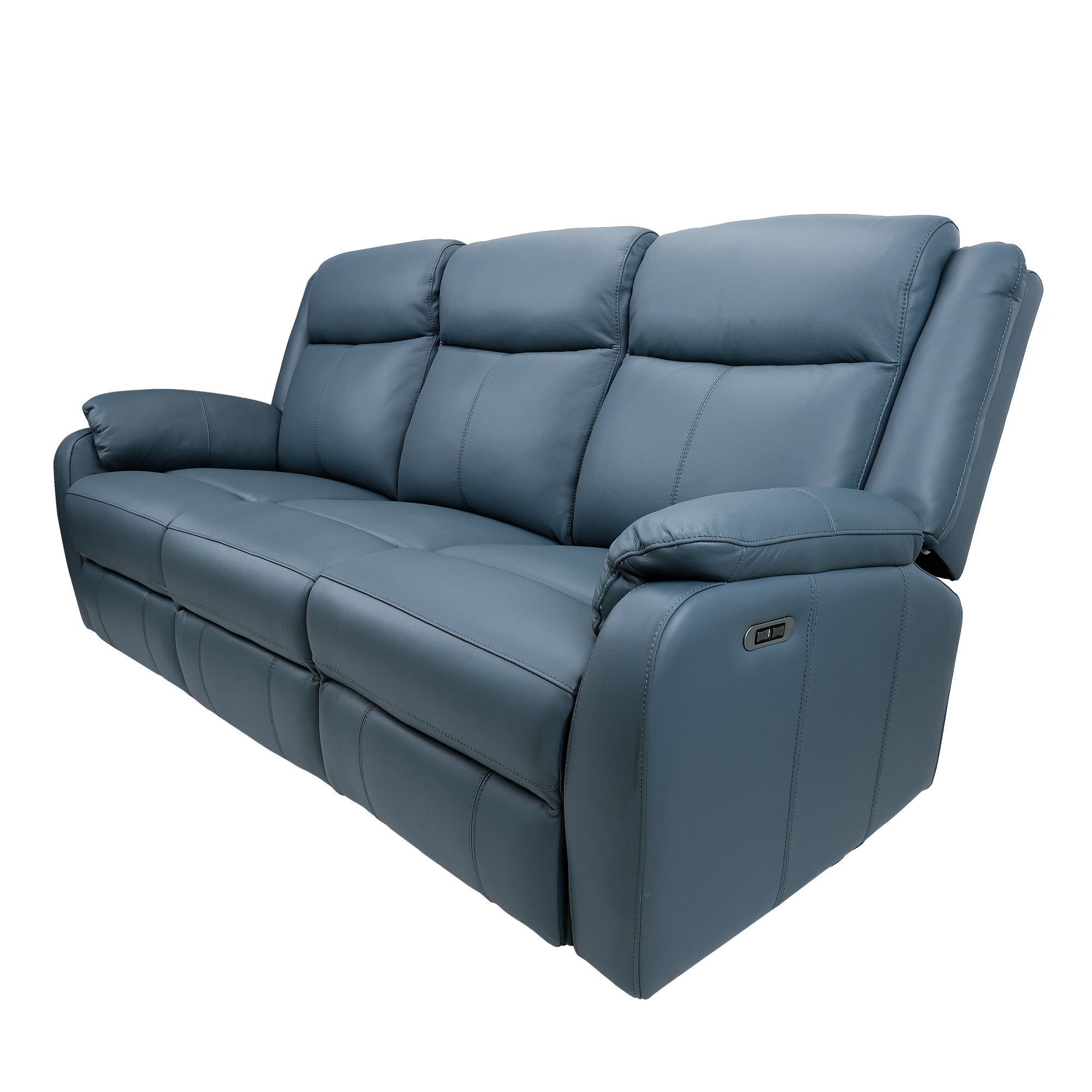 Blue 3-Seater Electric Recliner Leather Lounge w/ USB Charger