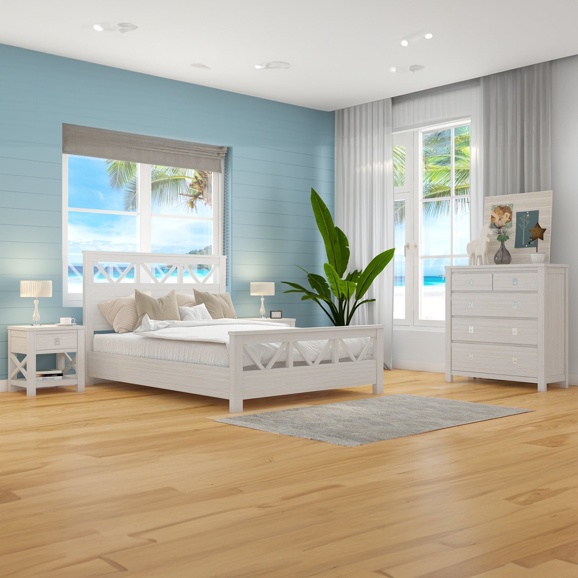 Coastal White King Bed Suite with Tallboy, Mindi Wood, 4pc