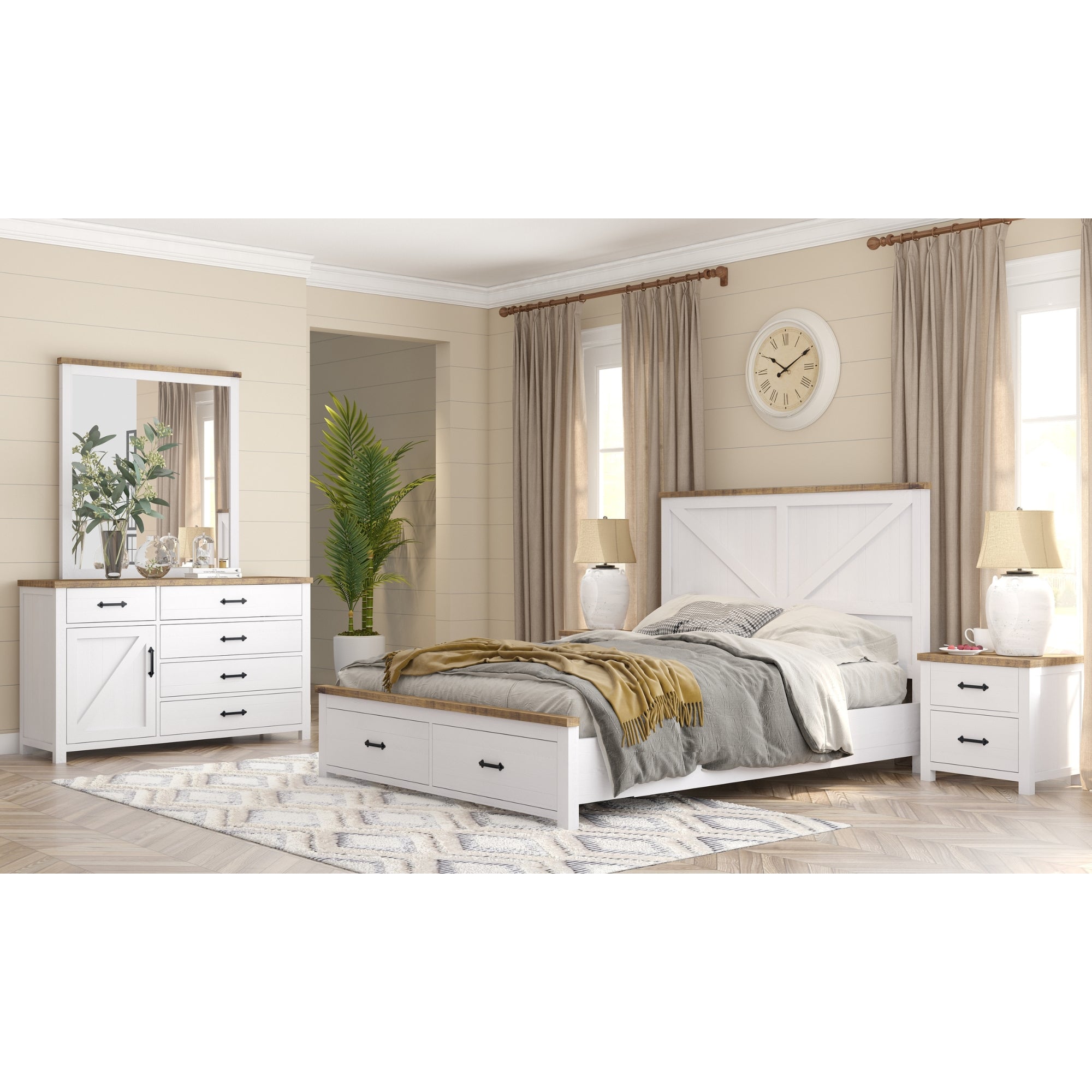 Hampton Style Queen Bed Frame with Storage Drawers, Pine Wood