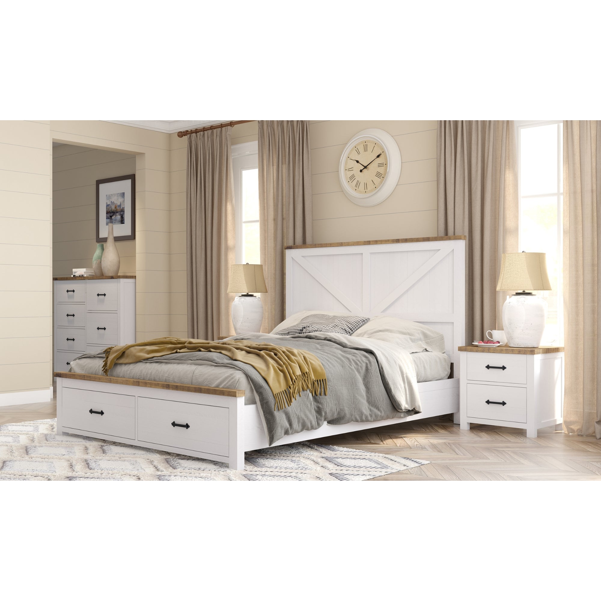 Hampton Style Queen Bed Frame with Storage Drawers, Pine Wood