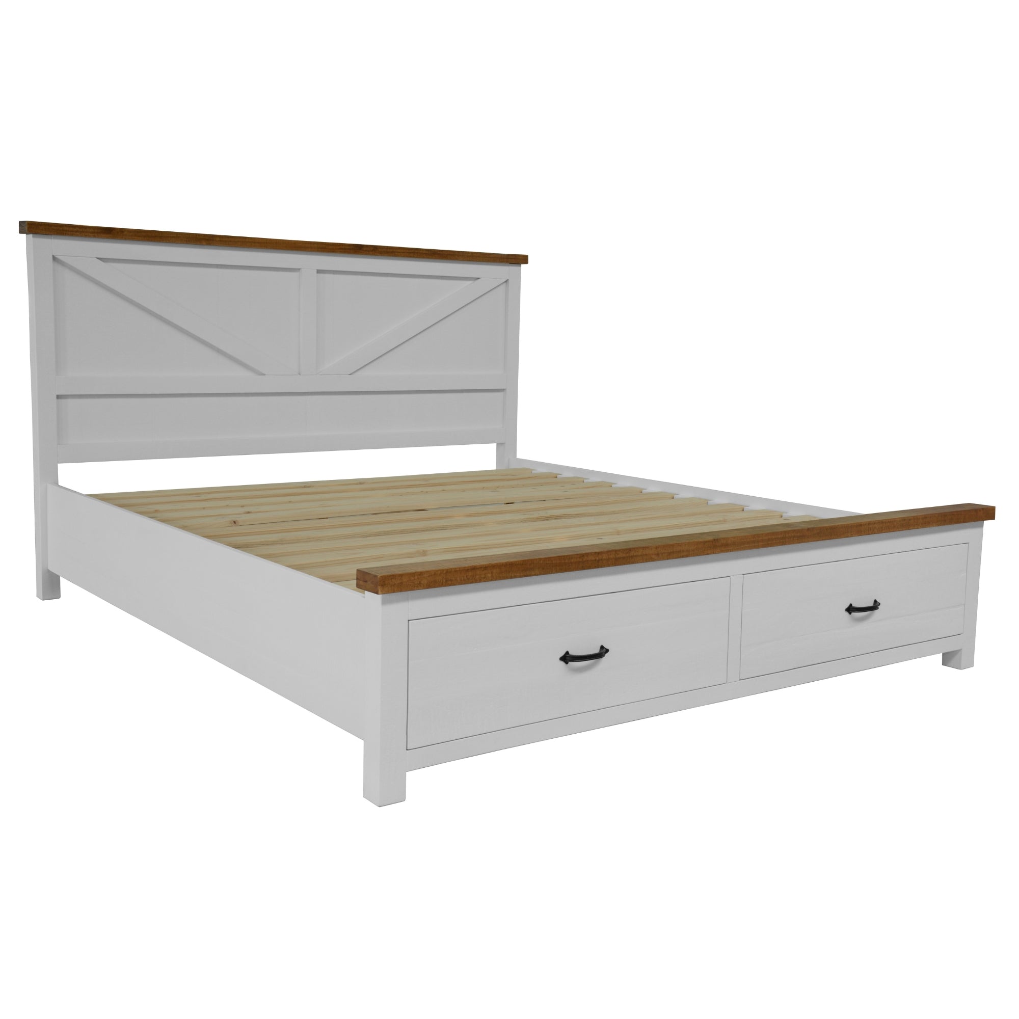 Hampton Style Queen Bed Frame with Storage Drawers, Pine Wood