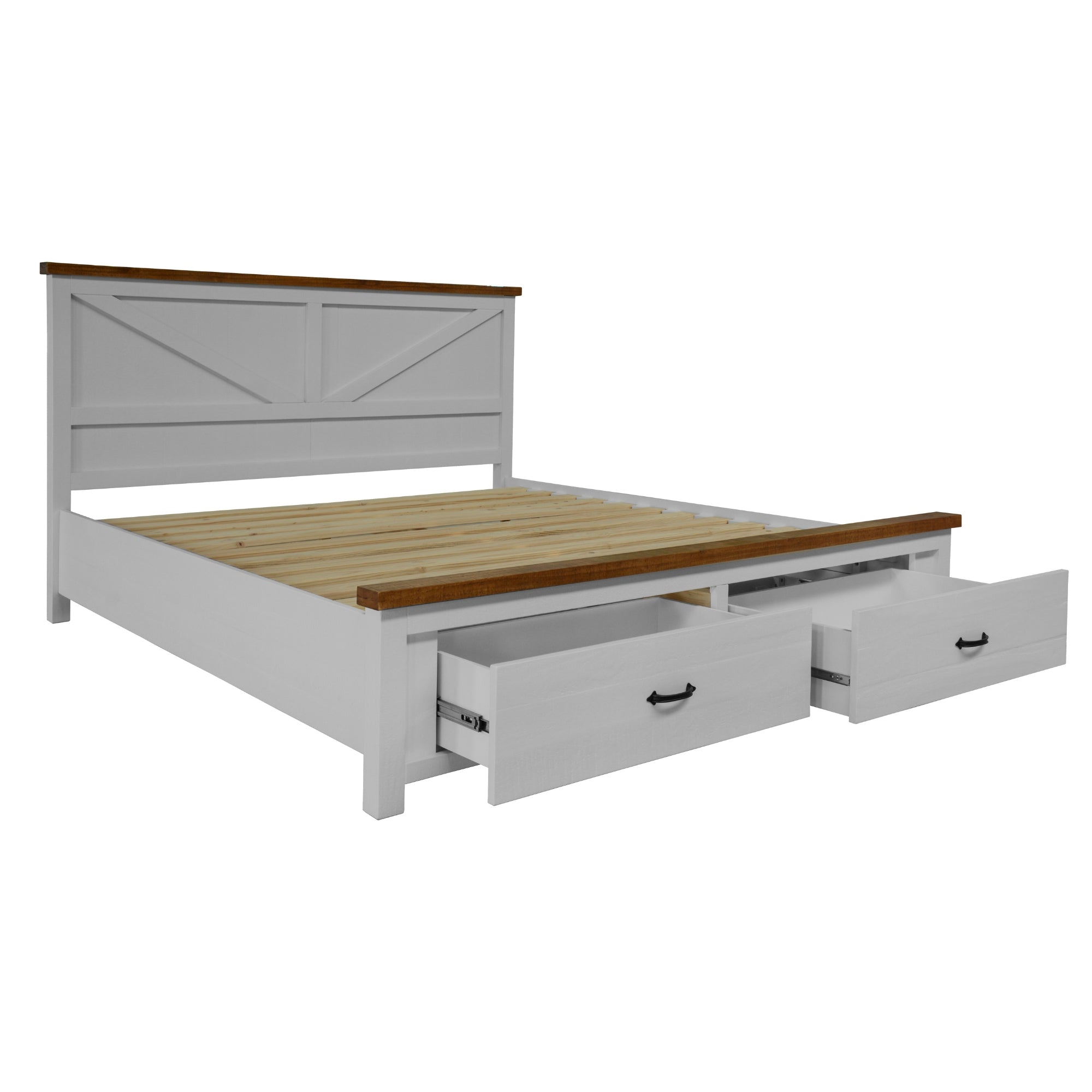 Hampton Style Queen Bed Frame with Storage Drawers, Pine Wood