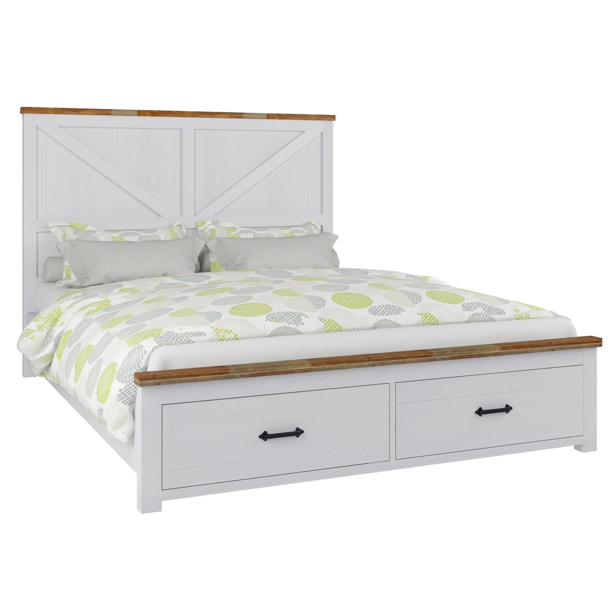 Hampton Style Queen Bed Frame with Storage Drawers, Pine Wood