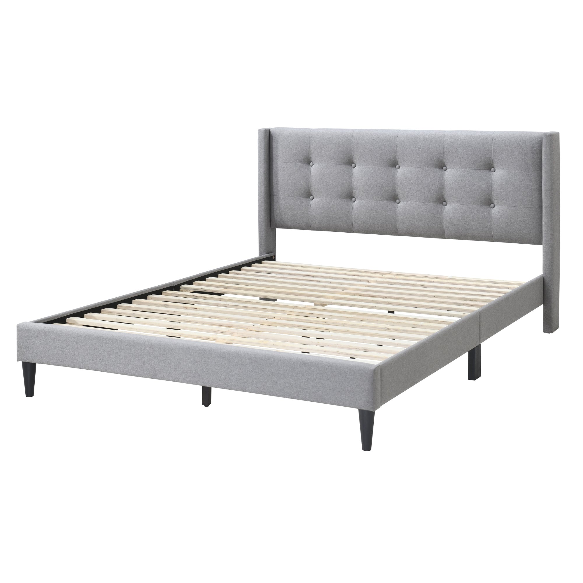 Light Grey Queen Bed with Tufted Headboard, MDF Wood