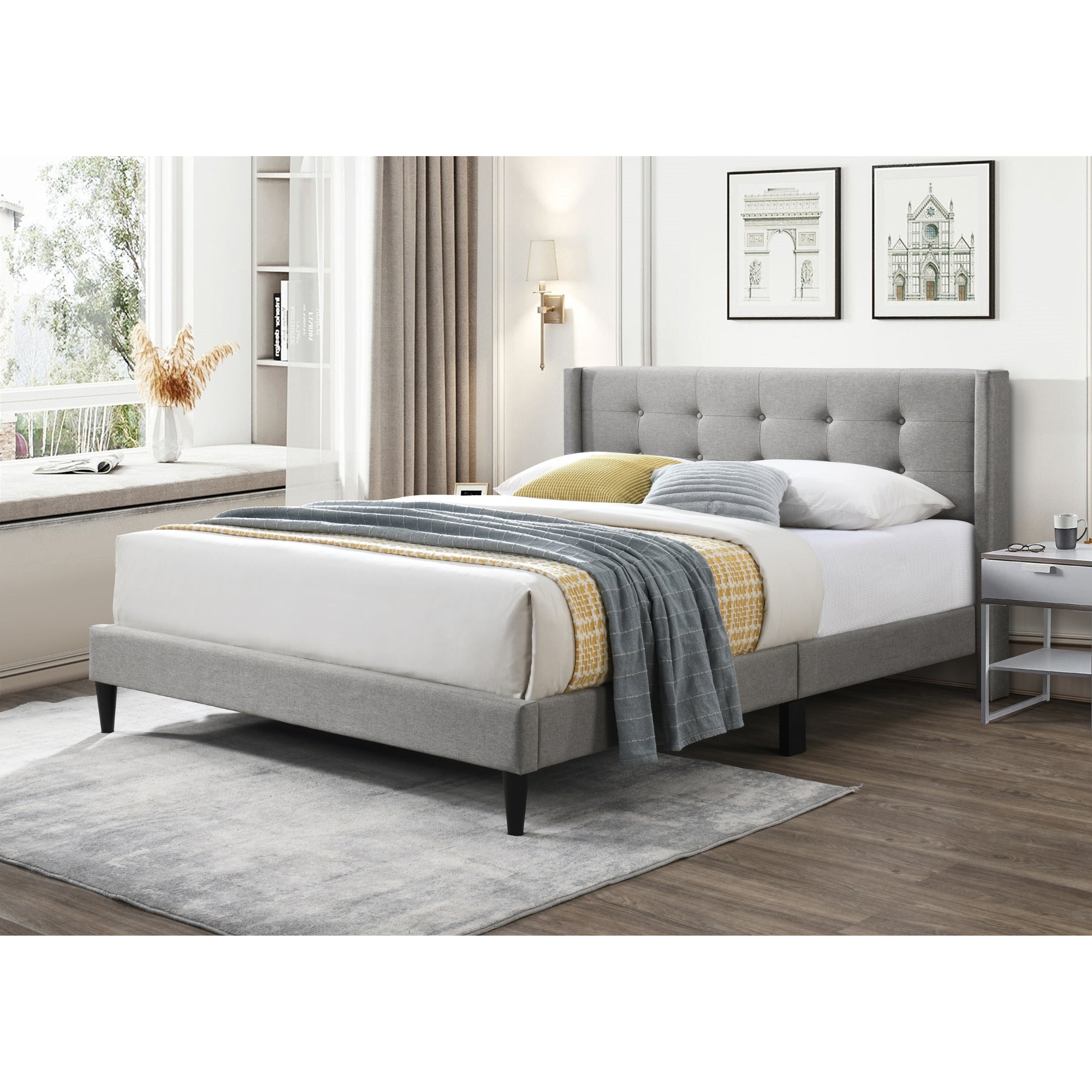 Light Grey Queen Bed with Tufted Headboard, MDF Wood
