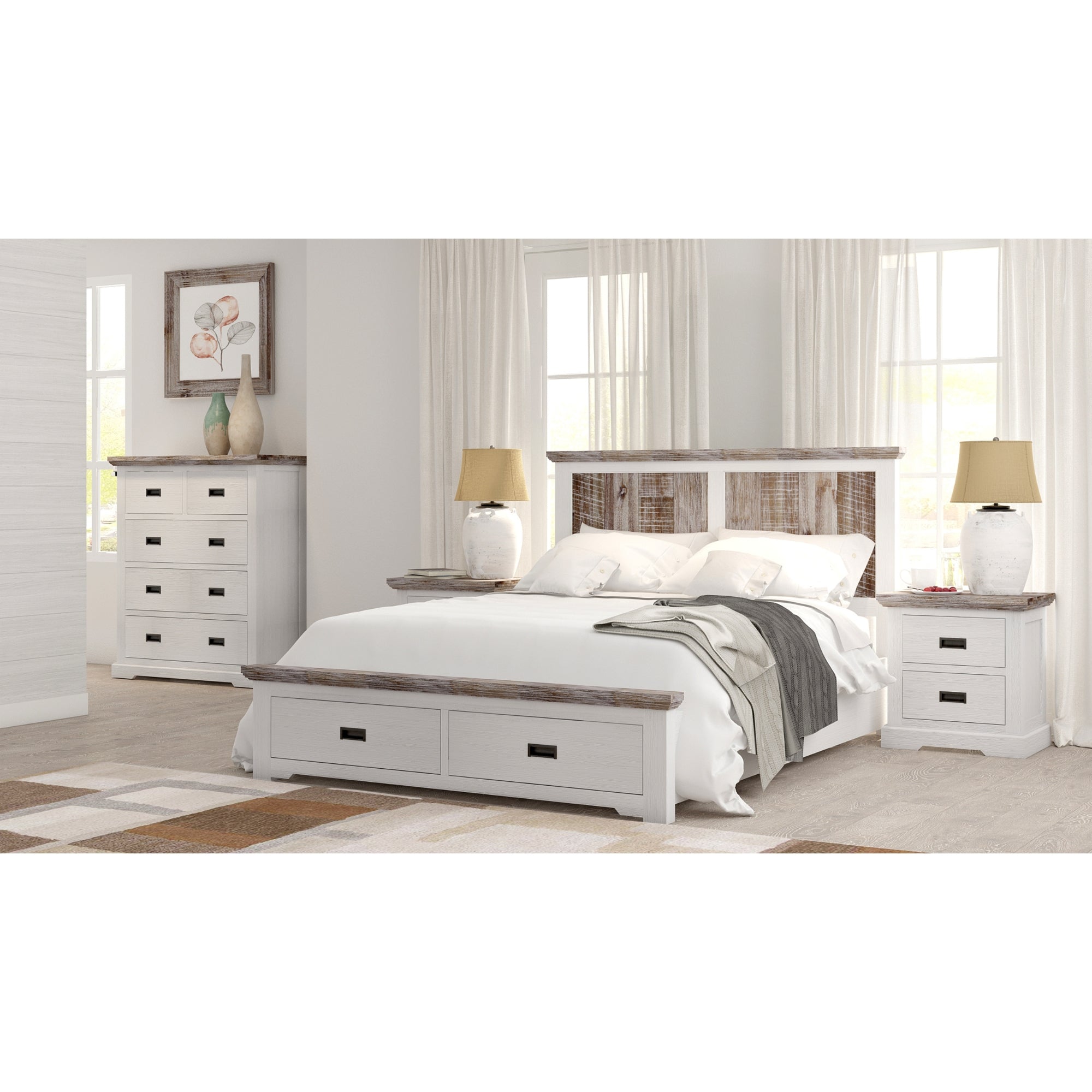 Queen Bed Frame w/ Storage Drawers, Acacia Timber, Hampton Style