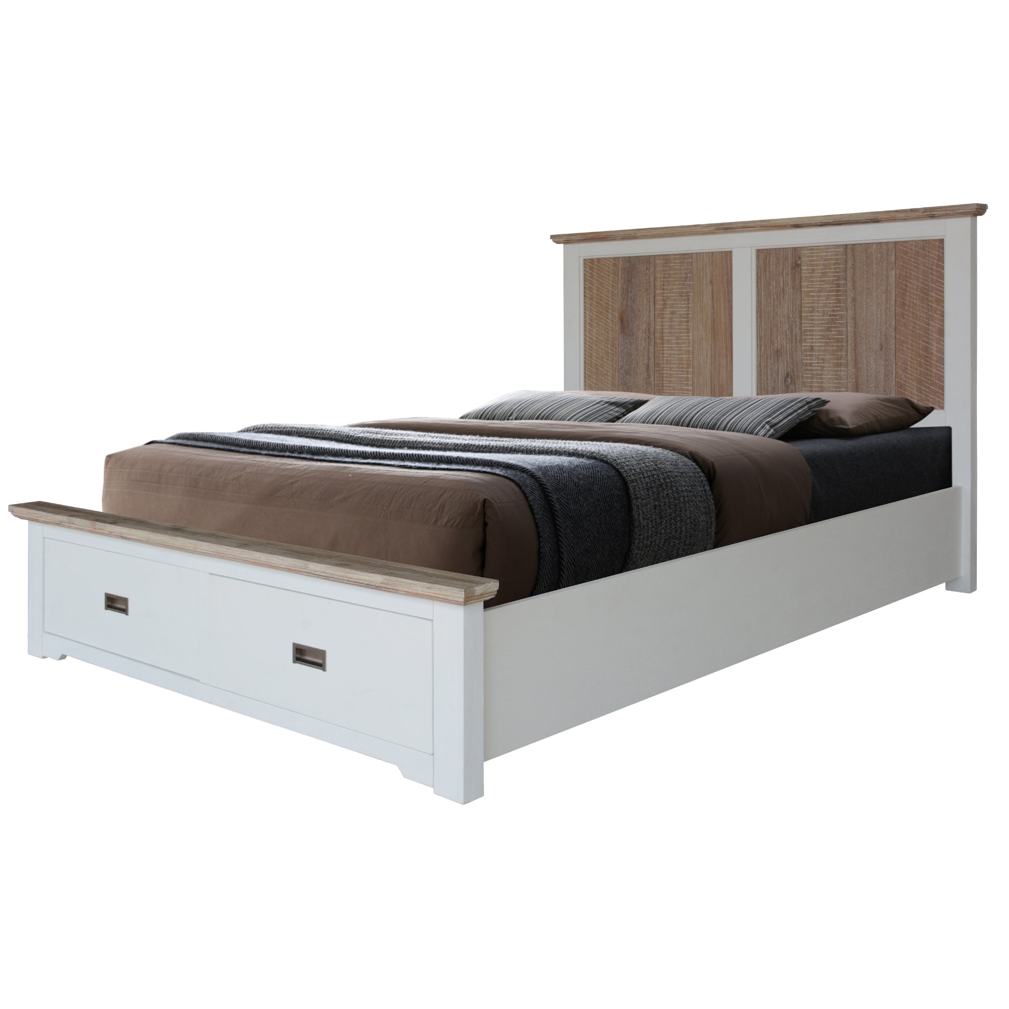Queen Bed Frame w/ Storage Drawers, Acacia Timber, Hampton Style