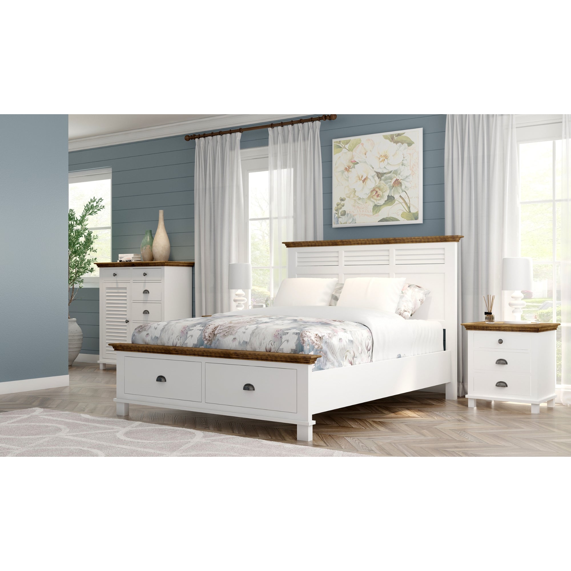 Hampton Style Solid Pine 4pc King Bedroom Suite - White