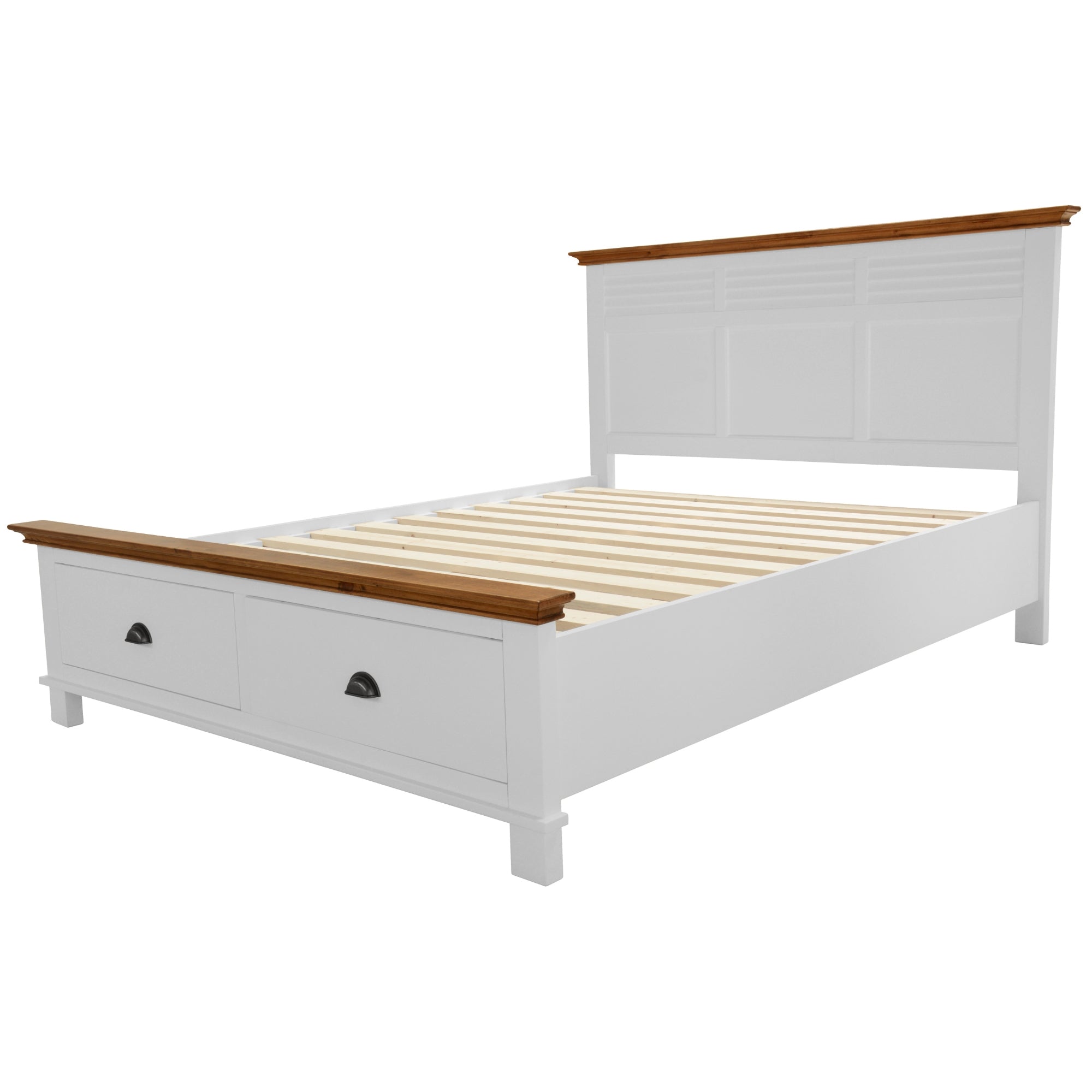 King Bed with Drawers, Panelled Headboard, Solid Pine
