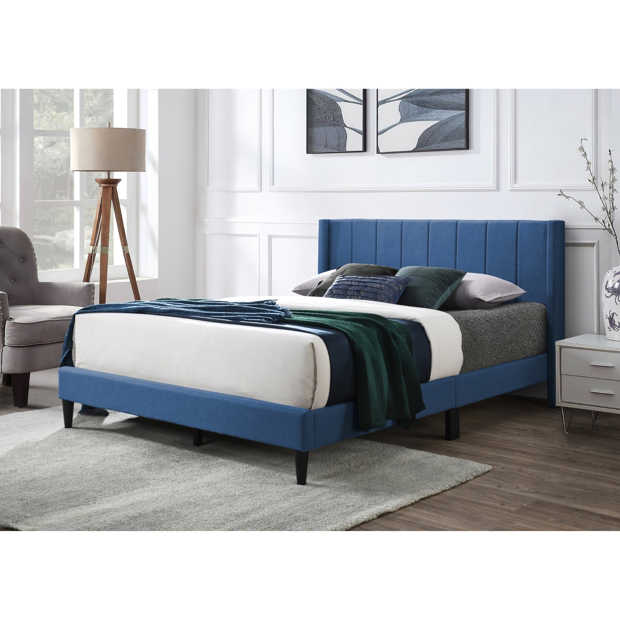 Plush Upholstered Queen Bed w/ Winged Headboard, Blue - Samson
