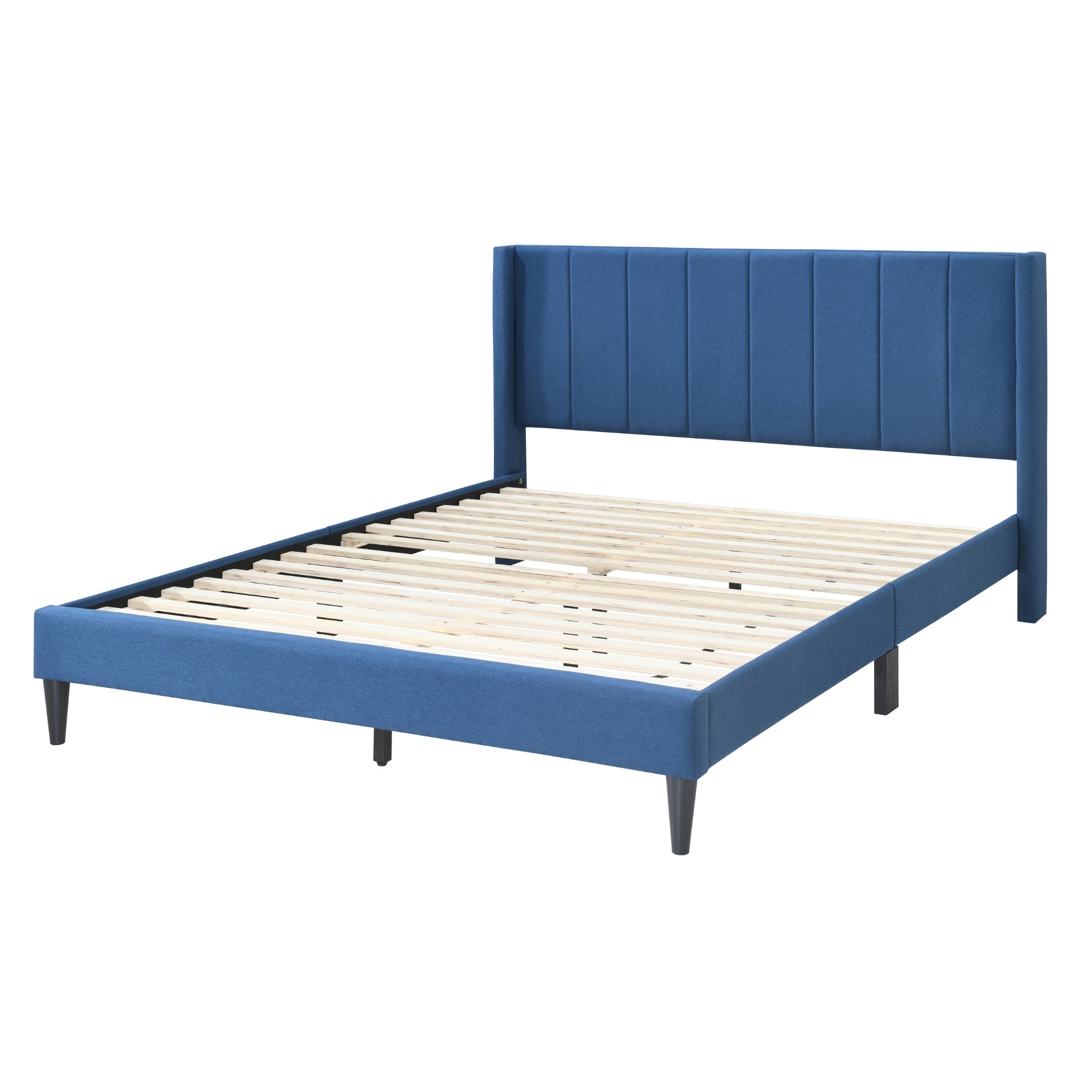 Plush Blue King Bed with Winged Headboard and MDF Wood