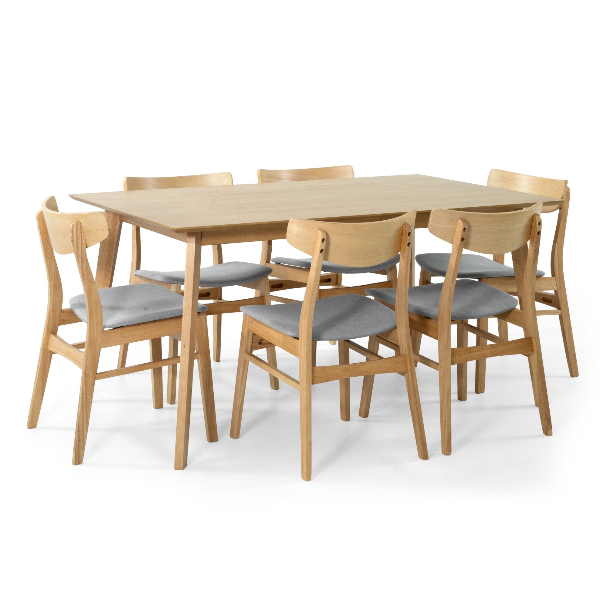 150cm 7pc Dining Set, MDF, Rubberwood, Fabric Seats, Scandinavian Style